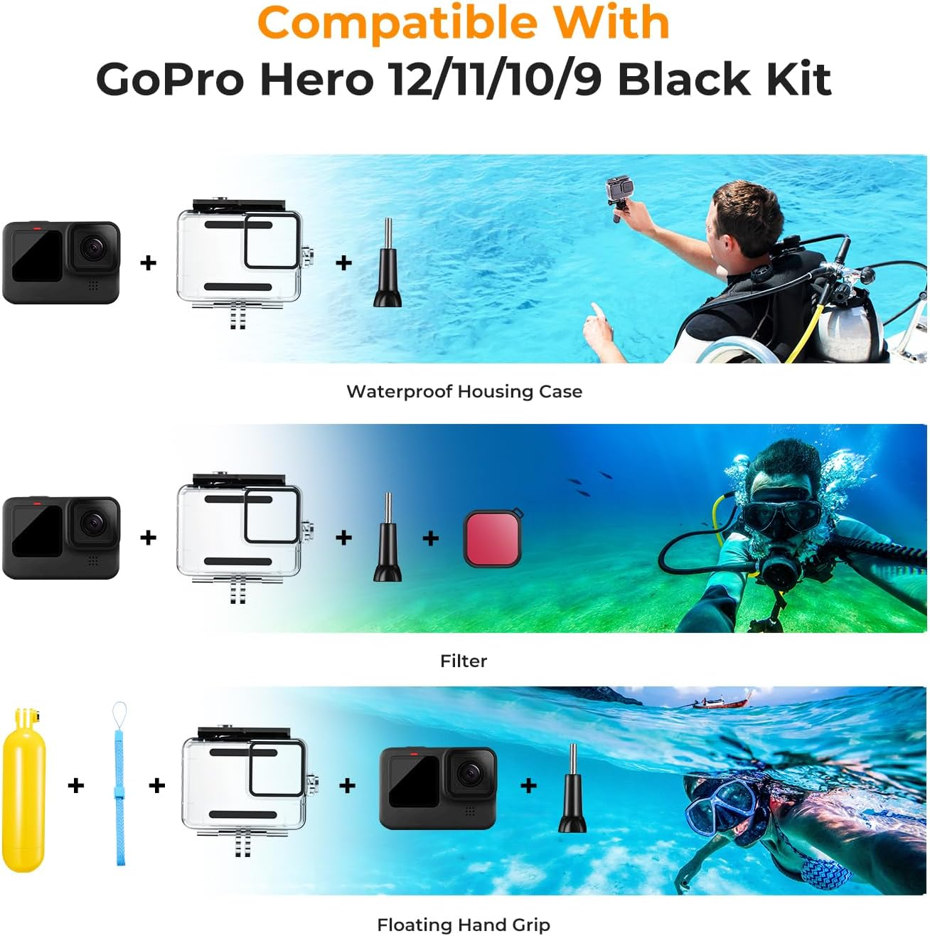 K&F Concept Waterproof Case with Dive Filters Compatible with Gopro Hero 12/11/10/9 Black, Protective Underwater Dive Housing Case Accessories Kit Bundle image number 5