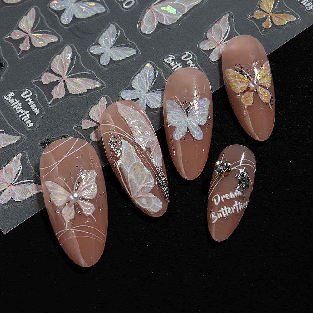 2Sheets Nail Art Stickers, 3D Self-Adhesive Holographic Butterfly Nail Design