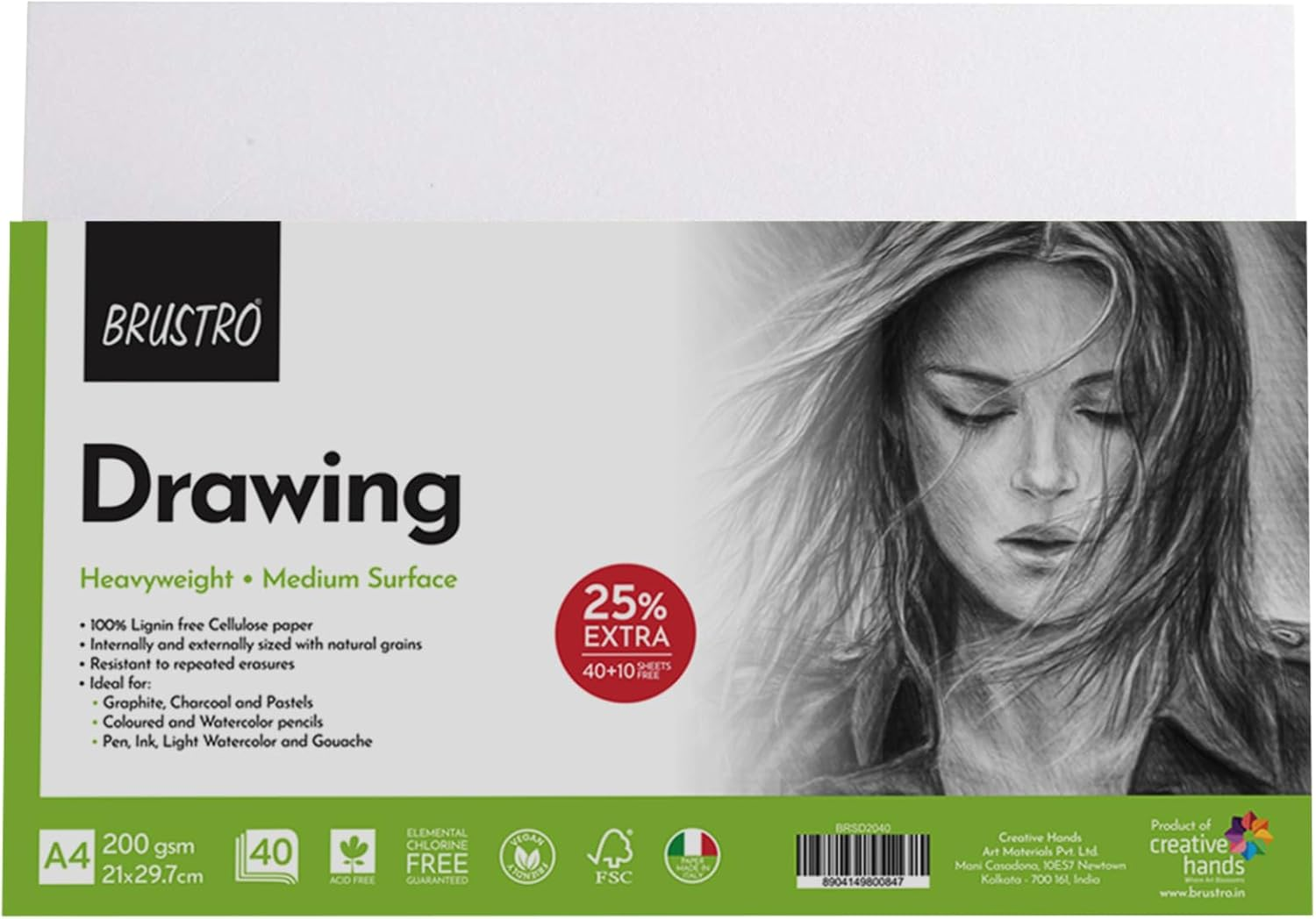 BRUSTRO A4 Drawing Paper Sheet - 200 GSM | Ideal for Graphite, Charcoal, Pastels, Watercolor, Sketching, Colouring, School Assignments, and Office Work | 8.3 X 11.7 Inches | Pack of 40 + 10 Free |50 Sheets image number 1