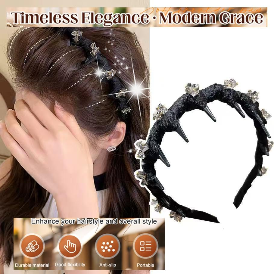 New Vintage High Cranium Artificial Pearl Hairband Elegant Braided Pearls Headbands with Teeth, Anti-Slip Decorative Hair Bands Fashion Hair Accessories for Women Rhinestone-Black image number 5