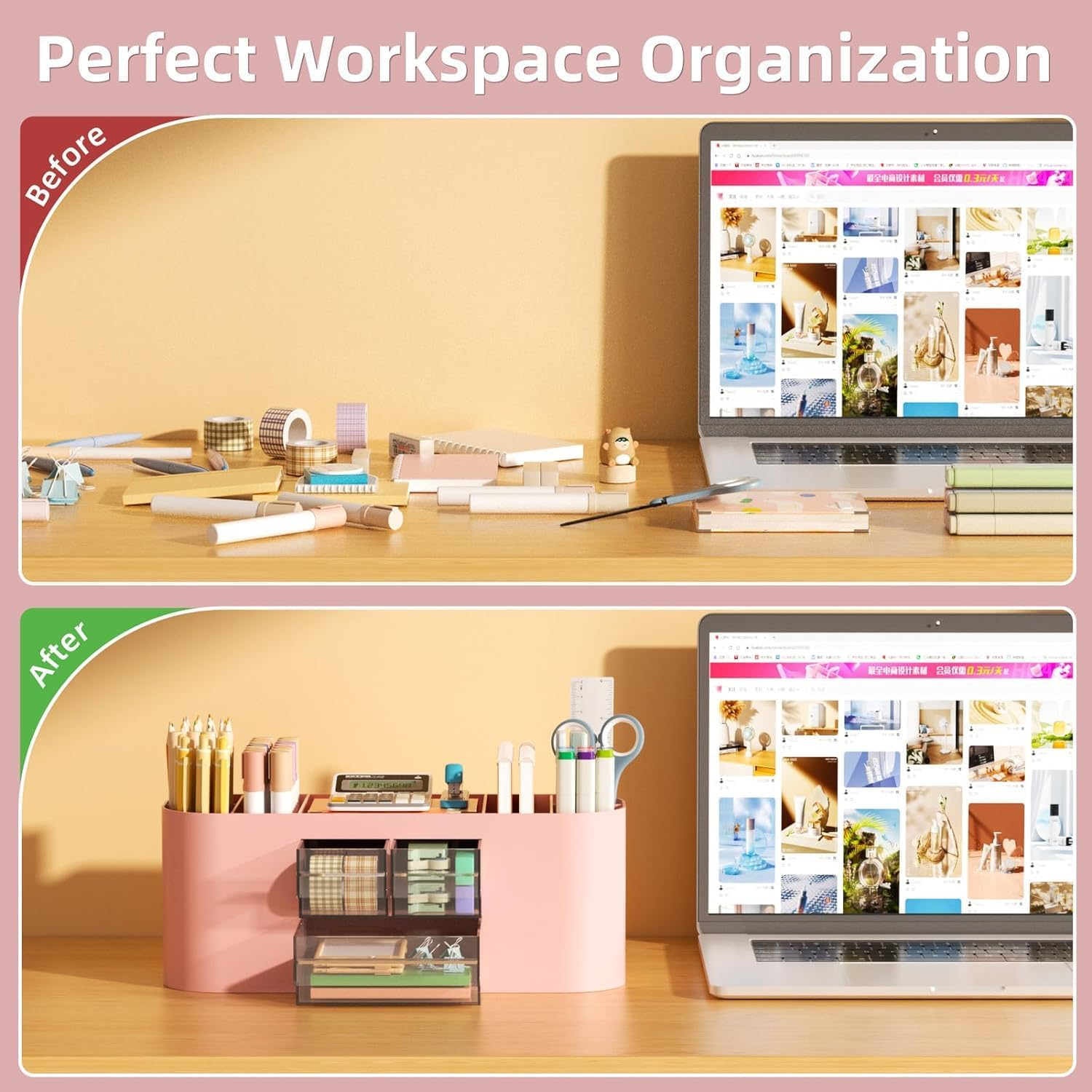 AUMA Desk Organizer Pen Holder for Desk with 3 Drawers, Multi-Functional Pencil Holder, Desk Organizers and Accessories with 7 Compartments + Drawer for Home, School, Classroom(Pink) image number 4