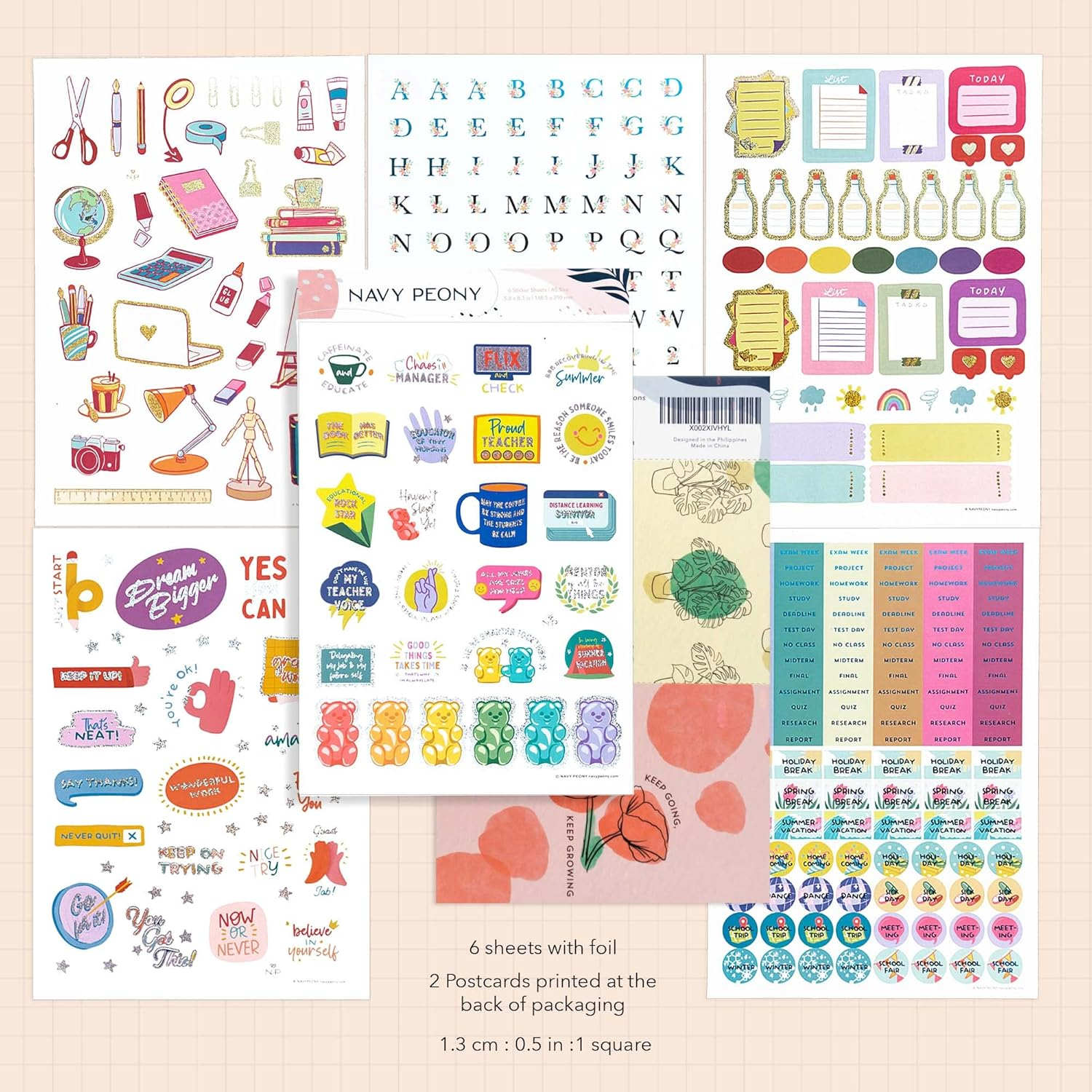 Navy Peony Groovy Back to School Planner Stickers (6 Sheets, 370+ Pieces) - Vibrant, Waterproof, Glitter Foil | Alphabet, Tracker, and Reward Stickers for Teachers, Students image number 3