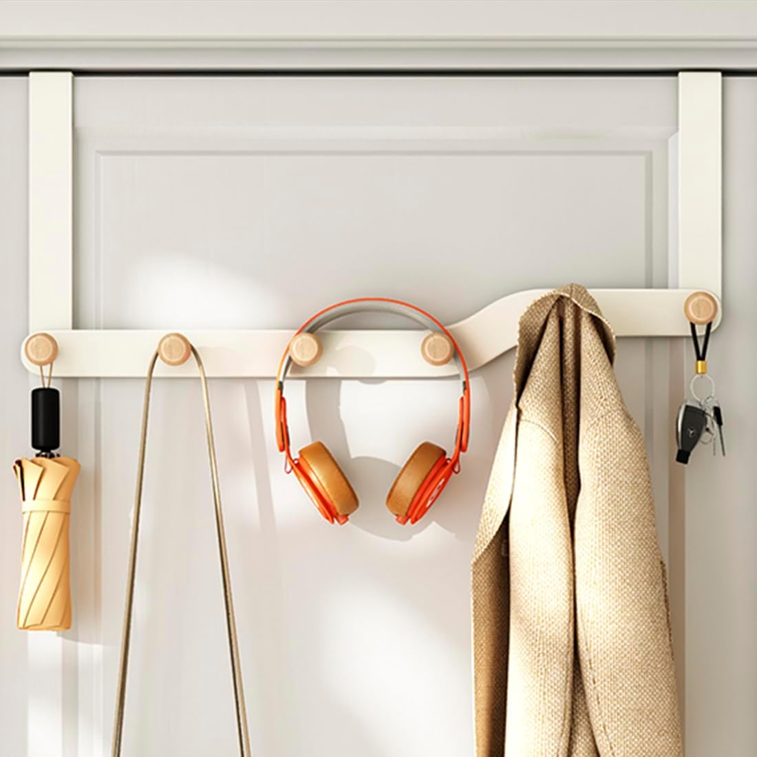 Dynus over the Door Hook Hanger with 6 Wooden Door Hooks, Metal Coat Rack for Coat Towels Bags,Back of Living Room,Bedroom,Bathroom, Kitchen, or Office (White) image number 1