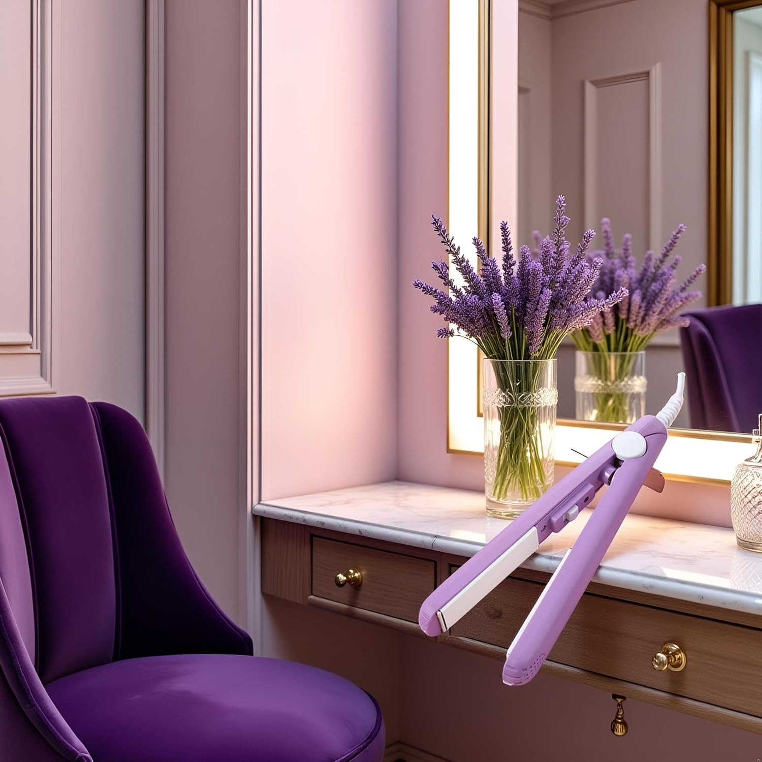 Purple Werdeny Mini Ceramic Hair Curler & Straightener, 2-In-1 Curling Iron with 1/2 Inch Barrel for Short and Fine Hair Candy Bar Clip