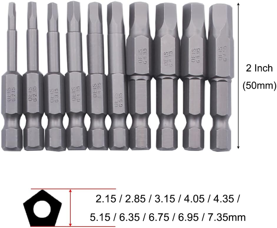 10Pcs Magnetic Pentagonal Drive Bit 5 Sided Pentagon Head Screwdriver Bits Set 1/4 Inch Hex Shank 2.15-7.35Mm Security Screw Driver Drill Bit Power Tool (2 Inch Length) image number 5
