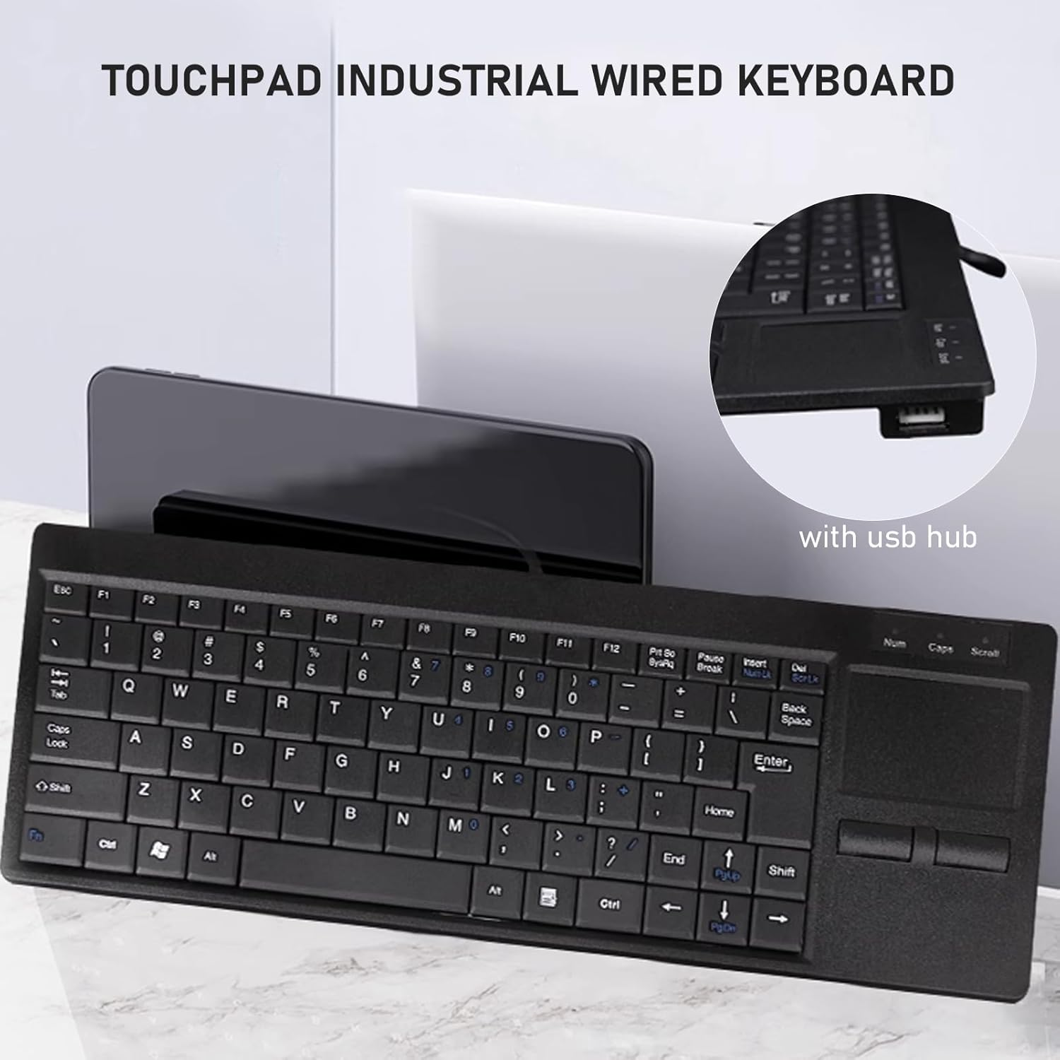 Compact USB Wired Keyboard with Hub, IP68 Waterproof Ultra Thin Industrial Keyboard with Touchpad, for Laptop Notebook PC image number 4