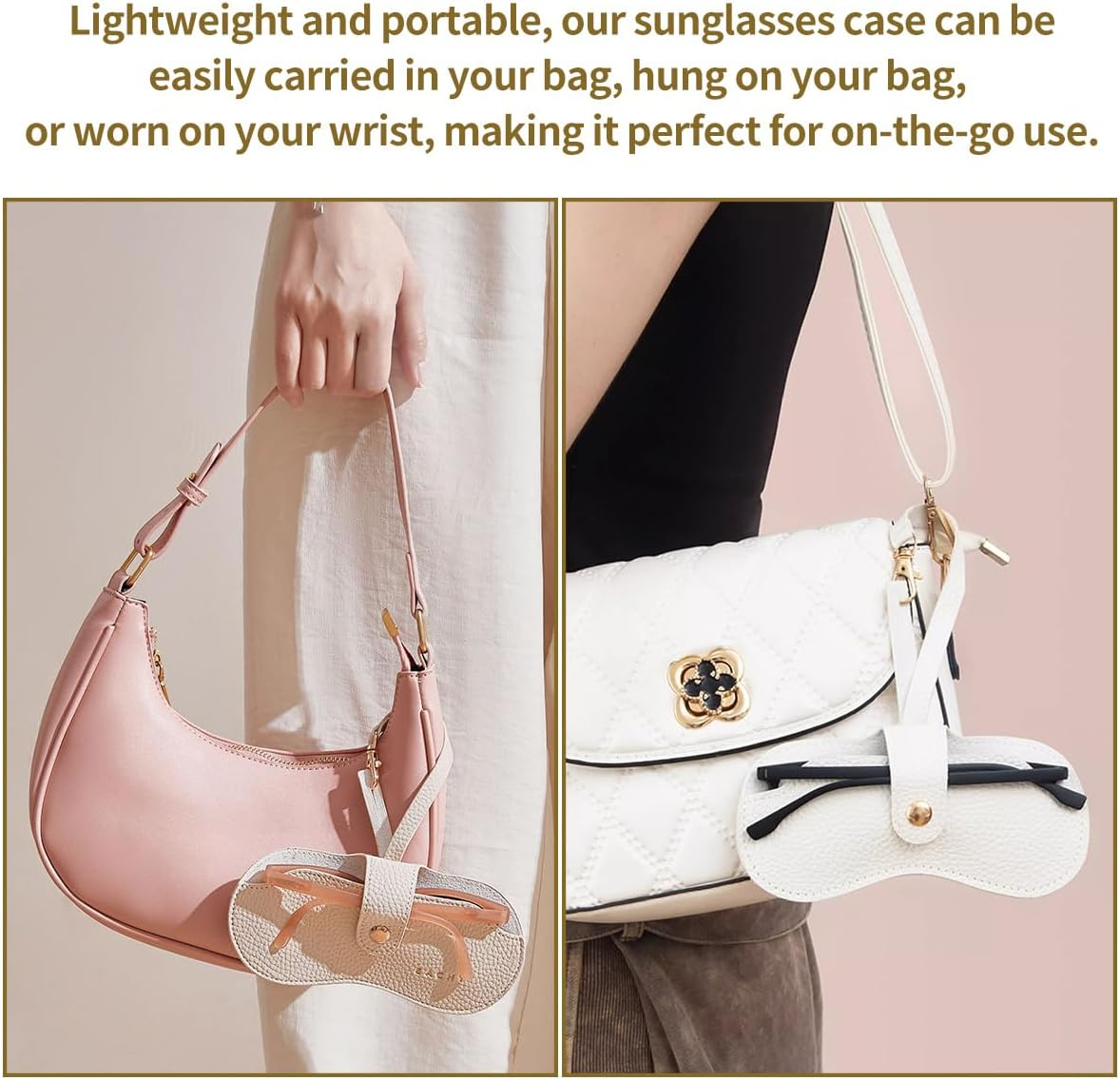 3 Pack Soft Leather Sunglasses Bag, Portable Eyeglass Case Holder Slim Glasses Pouch with Button Clip Wrist Strap, Eyewear Sleeve for Women Men (Beige, Pink, Brown) image number 4