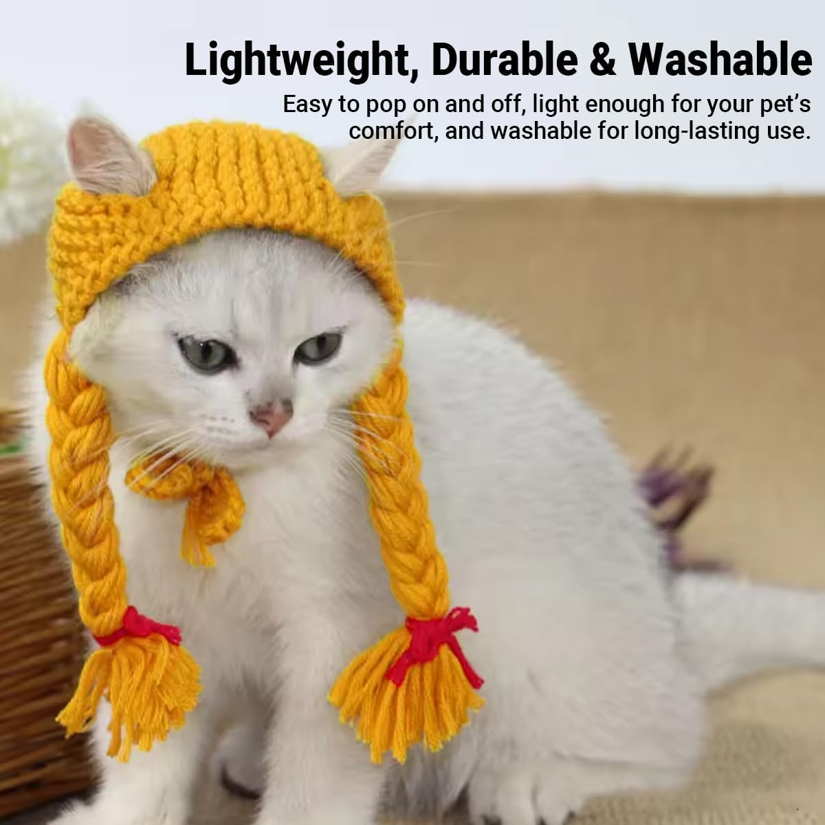 AIMALL Knitted Pet Wig Hat with Braids for Cats, Adjustable Yarn Cap for Photo Shoots, Halloween, Head Circumference 9.84In&ndash;11.81In, Yellow or Black - Yellow image number 3