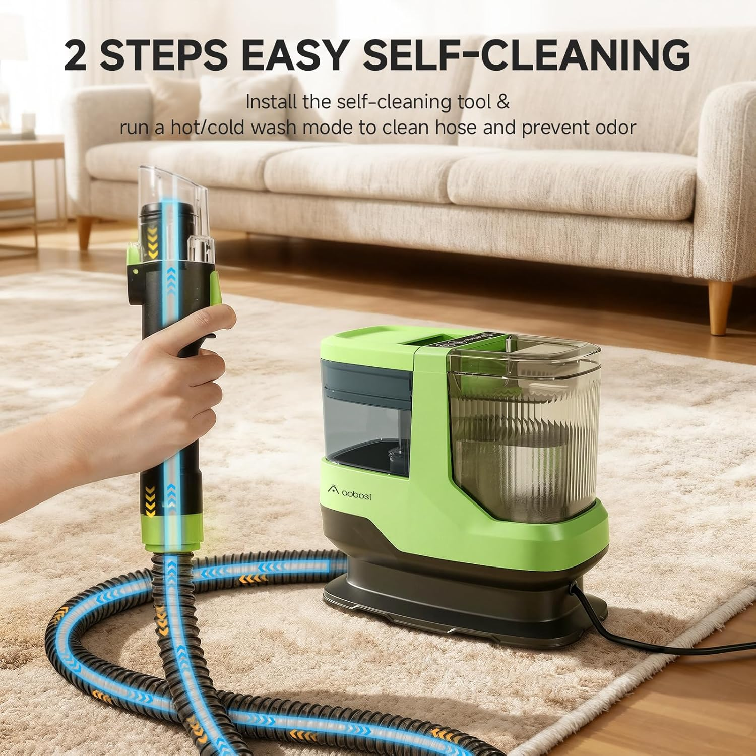 AAOBOSI 1800W Carpet and Upholstery Cleaner, Stain and Spot Remover with 17Kpa Suction, Self-Cleaning Function, 4 Cleaning Tools, Deep Cleaning for Pet Messes, Carpets, Rugs, Couch & Car, Green image number 3