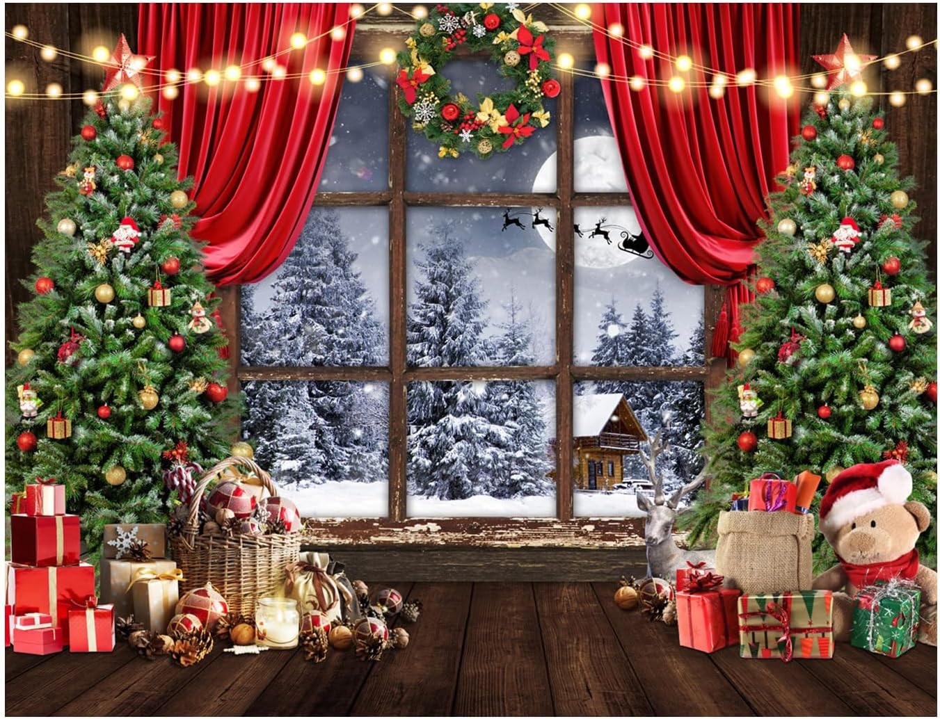 AIIKES 10X8Ft Christmas Backdrop Winter Christmas Backdrop for Photography Merry Xmas Tree Window Retro Wood Backdrops 12-636 image number 6