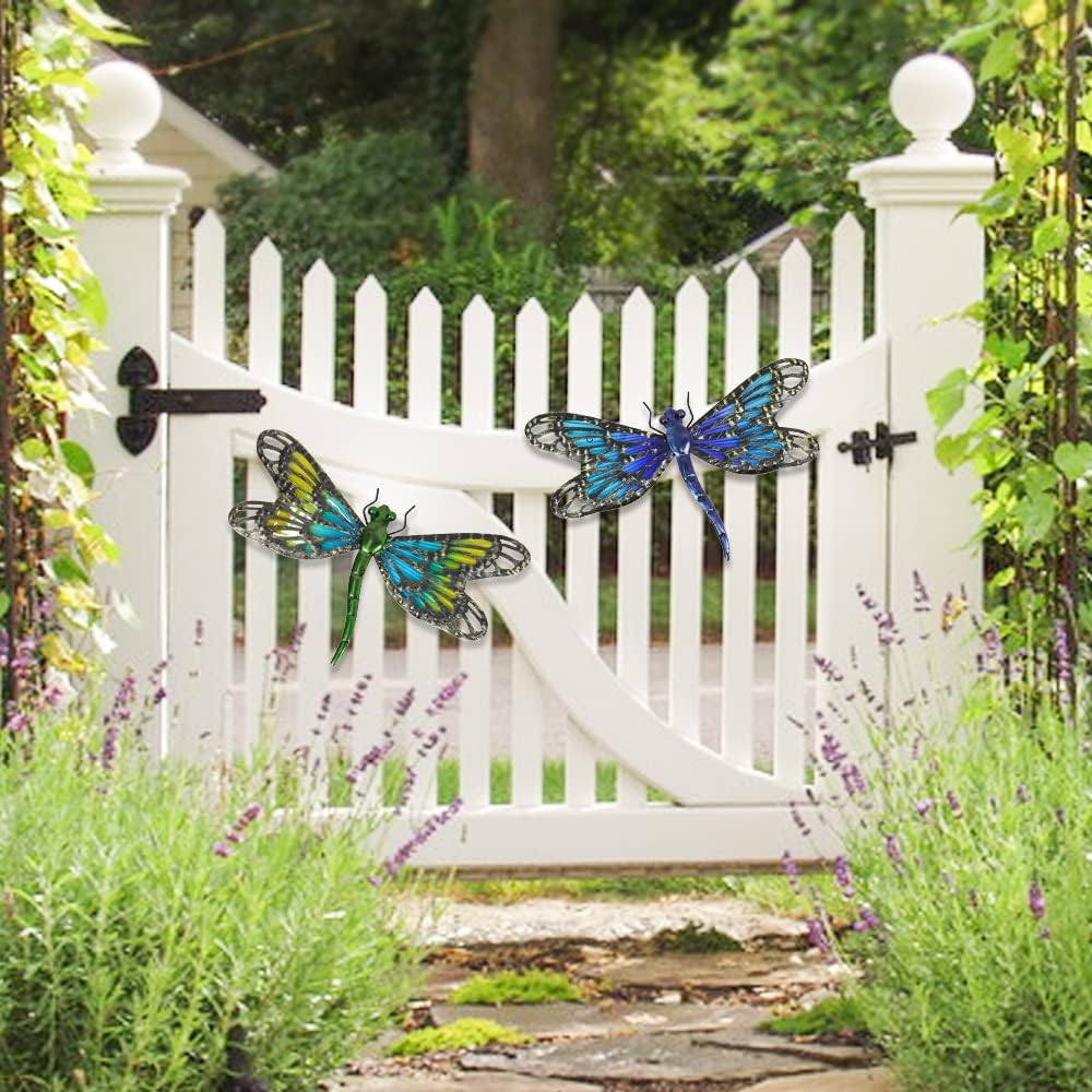 HONGLAND 2Pcs Metal Dragonfly Wall Decor Outdoor Dragonfly Wall Art Glass Sculpture for Home Garden,Gradient Blue&Green image number 5