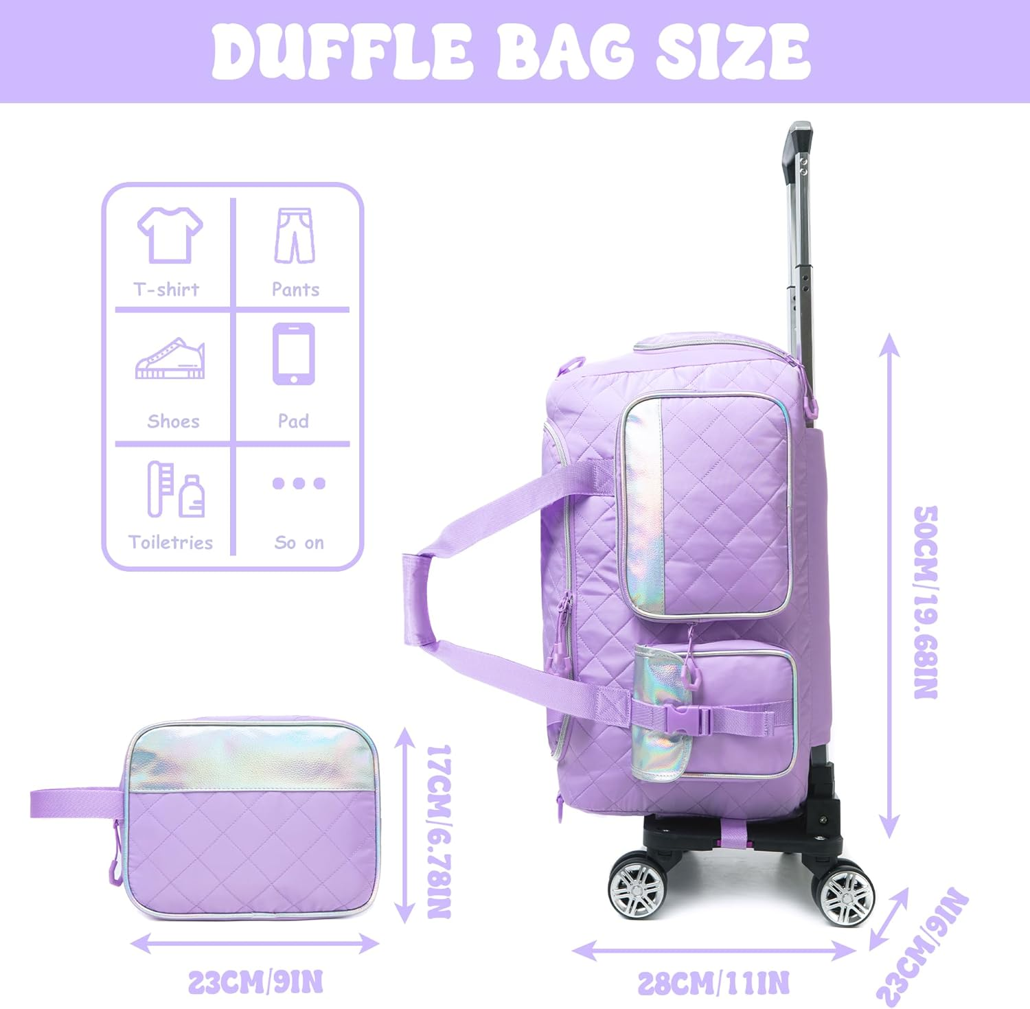 Rolling Duffle Bag with Wheels Women Travel Bag with Wheels Weekender Bags for Women with Toiletry Bag, Purple - Off White image number 2