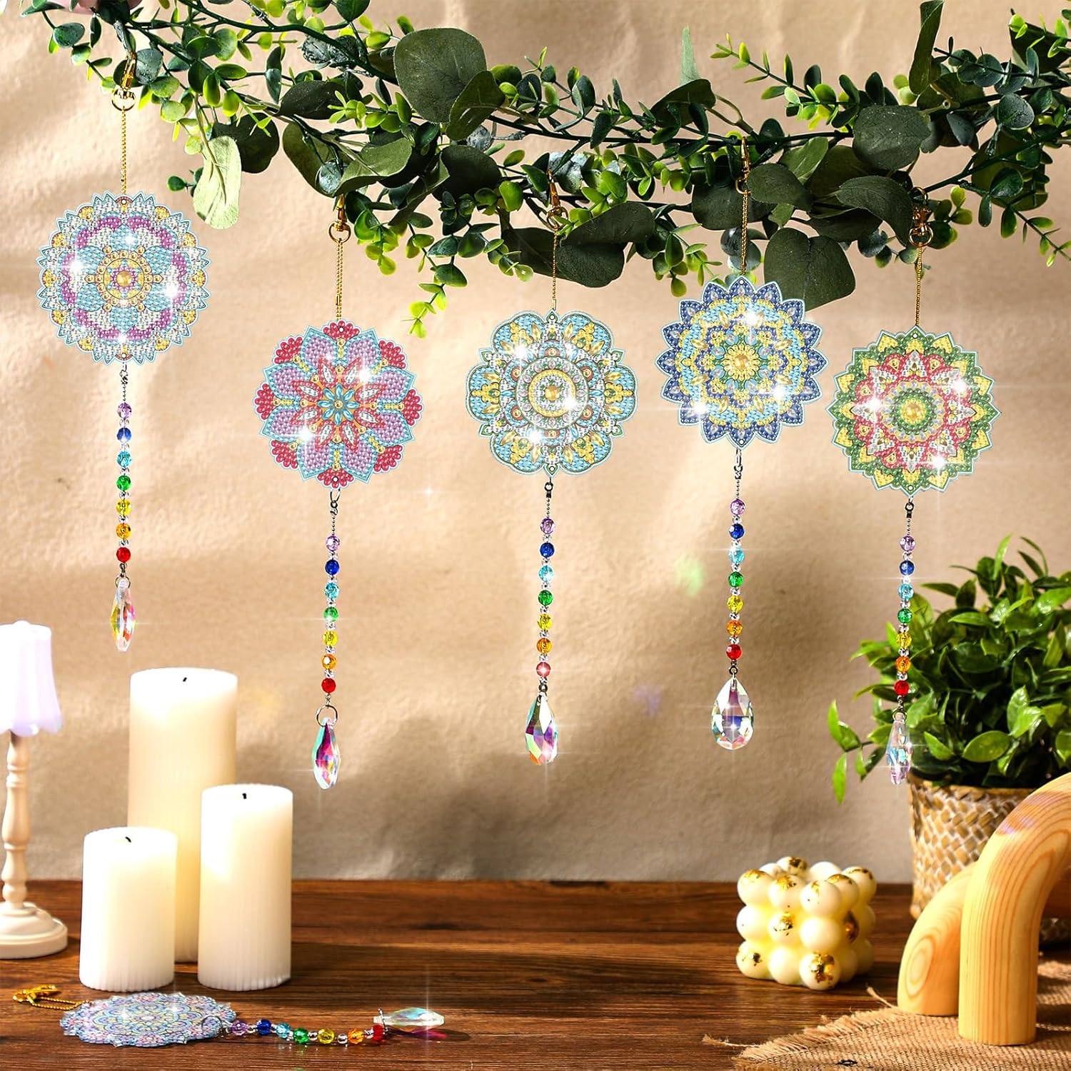 Yeaqee 6 Pcs Diamond Painting Sun Catchers Mandala Flower Diamond Art Wind Chimes Double Sided Hanging Ornament Painting Art Accessories and Tools for Garden Decoration Adults Kids DIY image number 1