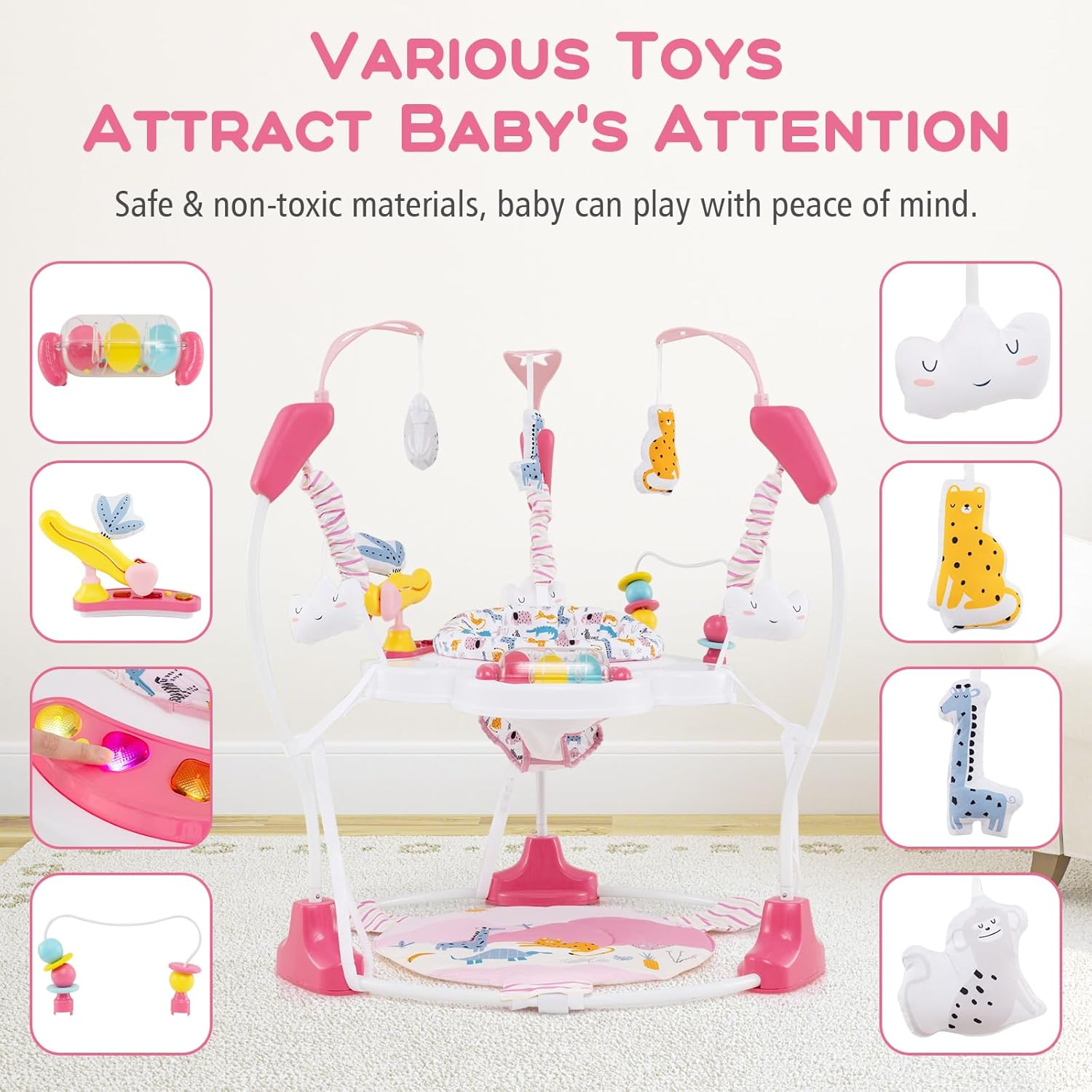 INFANS Baby Activity Center, 3 in 1 Play Center Jumpers with Music, Lights, Interactive Toys, 360&deg;Rotating Seat, 3 Adjustable Heights, Exersaucer Learning Toys for Baby 6-12 Months (Pink) image number 5