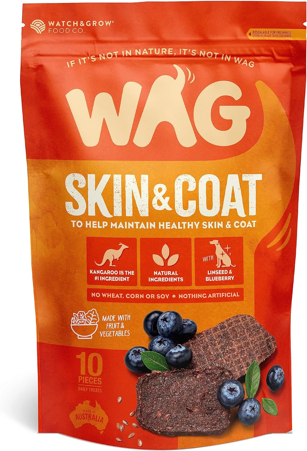 Wag Kangaroo Flavour Jerky, Skin & Coat Support, All Natural Dog Treats, 10 Pieces