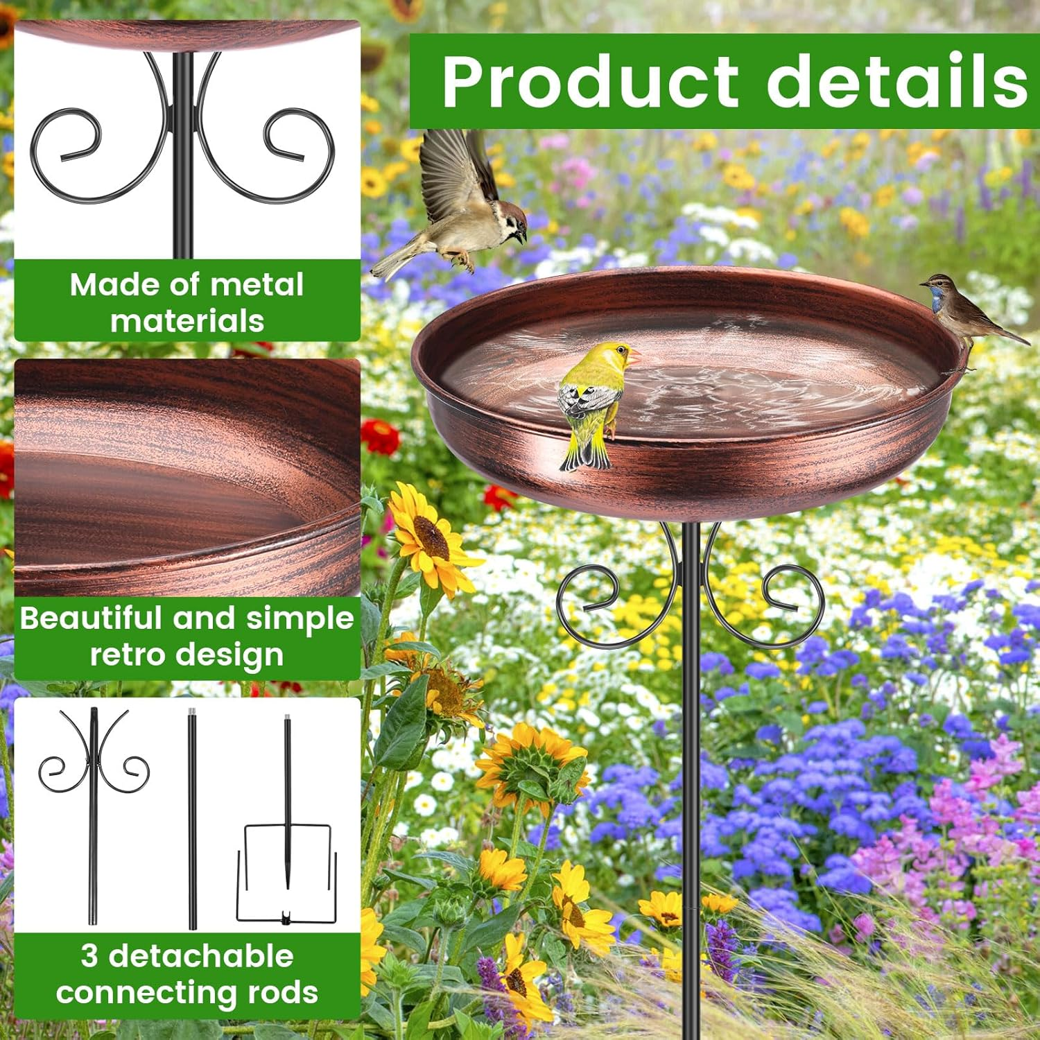 Metal Outdoor Standing Bird Bath Enduring Bird Bath Feeder Bowl Decorative Freestanding Birdbath for Garden Outdoor.(30Cm) image number 2