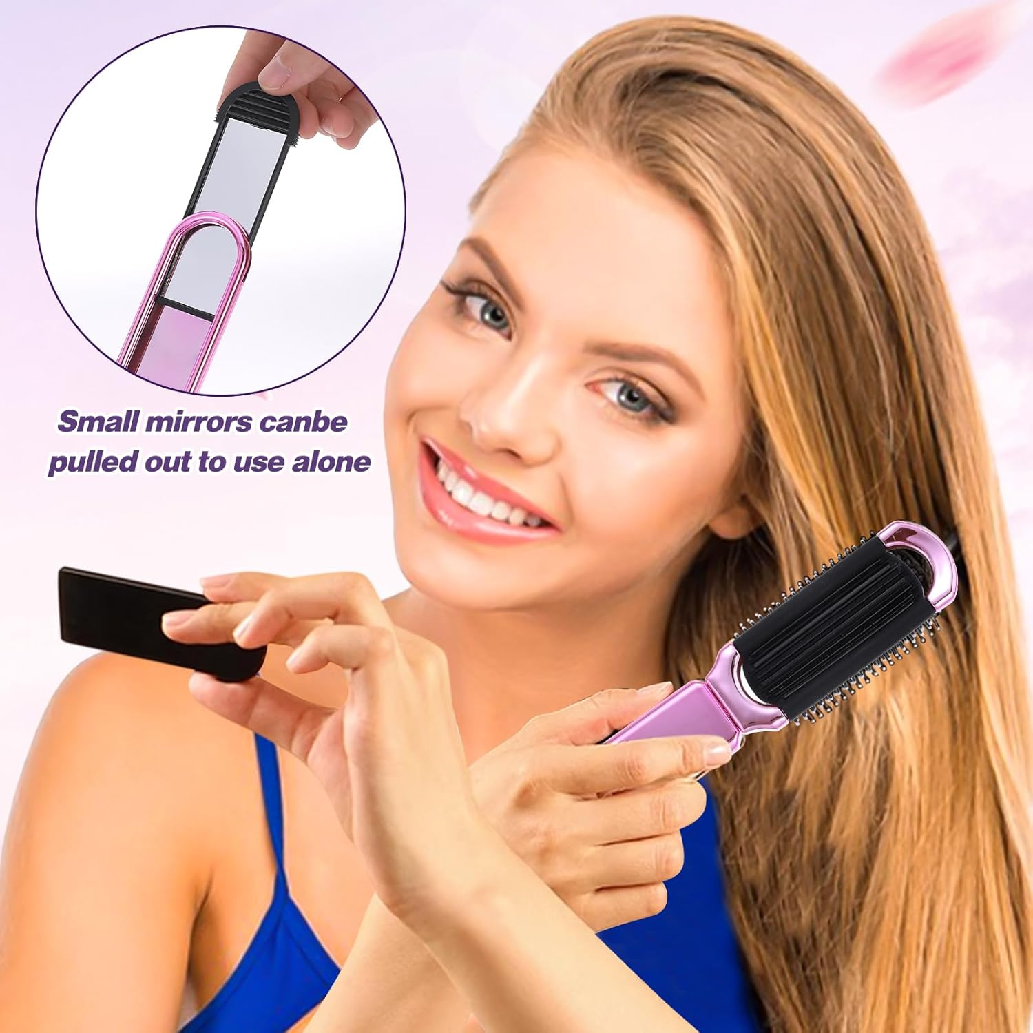 Mozeat Lens Mini Travel Hair Brush, Small Foldable Hair Brush, Compact Hair Brush with Mirror Nylon Bristles for Women and Men, Portable Pocket Comb for Car, Sports Bag, Handbag (Electroplating Pink) image number 3