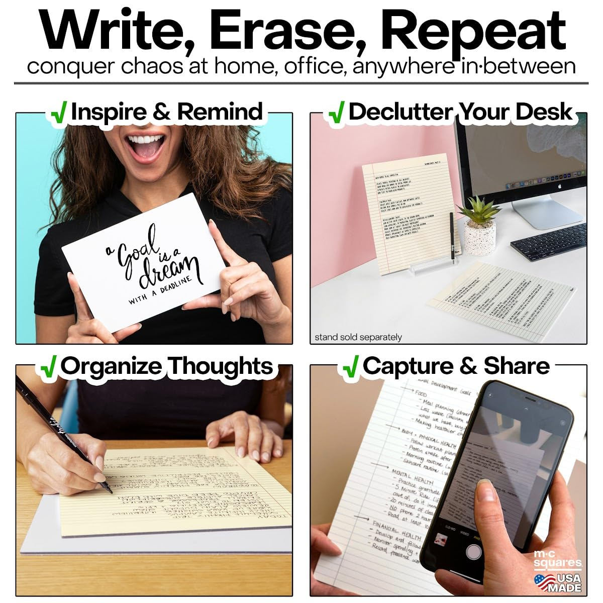 M.C. Squares Reusable Letter Legal Pads | 9X11 2-Pack | Lined Canary Yellow Dry Erase Notebook Front, White Board Back for Office, Home, School | Included Wet-Erase Tackie Marker | USA Made image number 4