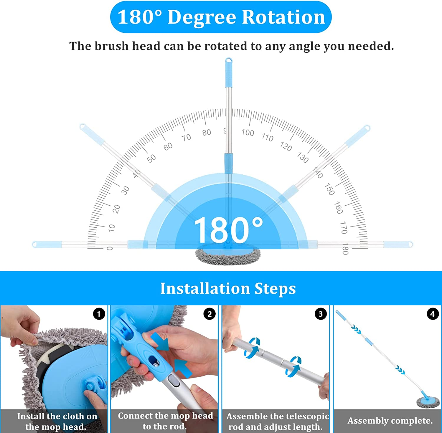 Bluefire 64'' Car Wash Brush Mop, Car Wash Cleaning Mop, 180&deg; Rotatable Wet and Dry Dual Use Cleaning Tool with Long Handle Kit for Washing Detailing Cars Truck, SUV, RV, Trailer(Blue)