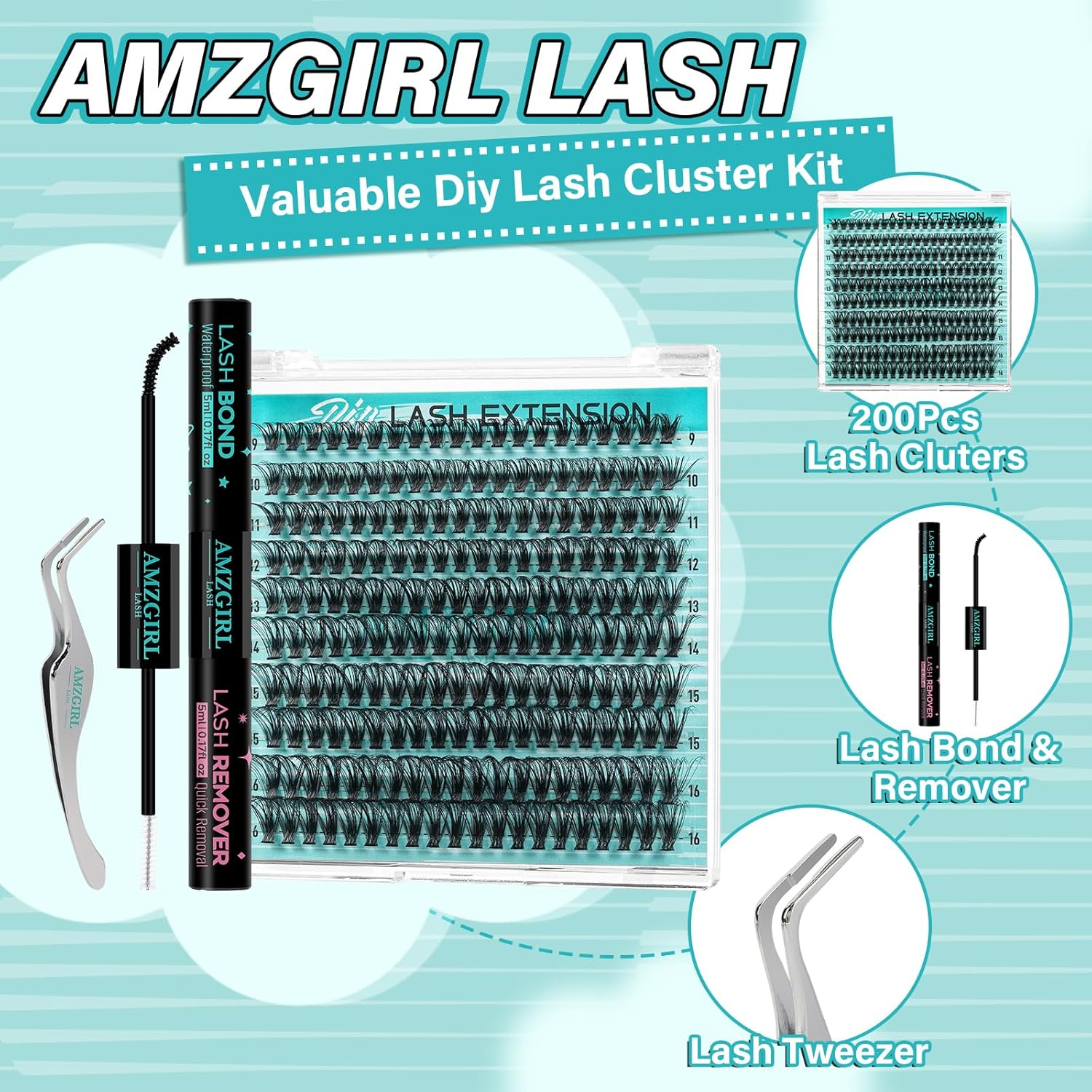Lash Clusters Kit 200Pcs, Eyelash Extension Kit 80D D Curl Diy Cluster Eyelashes Extensions Lashes Bond and Remover Waterproof Lash Applicator Tools for 9-16Mm Mix Lashes Individual Eyelashes Kit image number 3