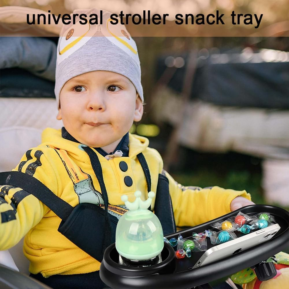 3 in 1 Stroller Cup Holder, Removable Baby Snack Tray, Universal Baby Dinner Table, Tray with Adjustable Buckle and Hooks, Non-Slip Grip Clip for Stroller Bar (Black) image number 5