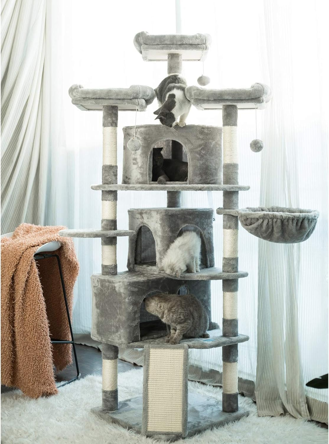 Hey-Brother XL Cat Tree, 186 Cm Cat Tower with 3 Caves, 3 Cozy Perches, Scratching Posts, Board, Activity Center Stable for Kitten/Big Cat, Light Gray MPJ032W image number 4