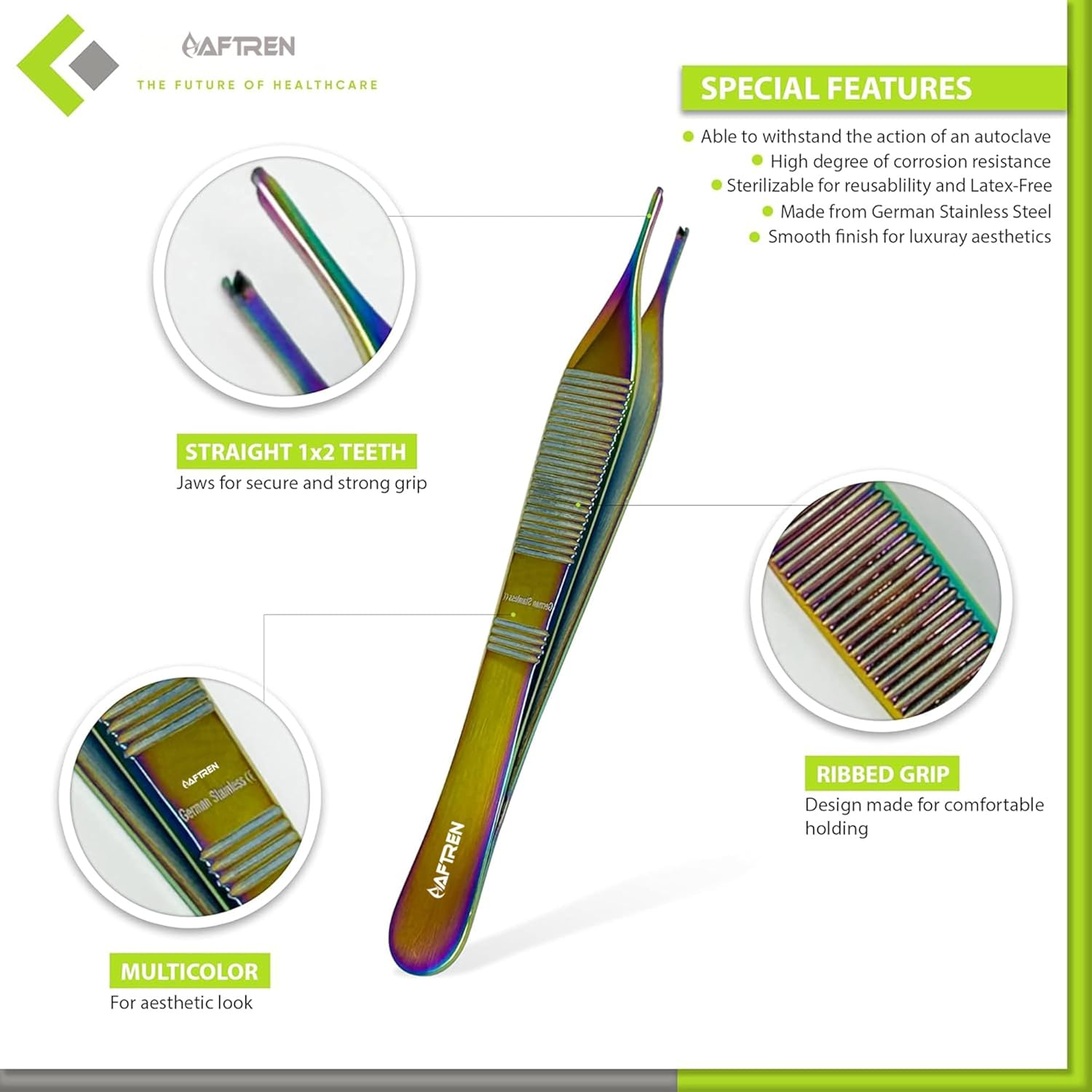 AFTREN Adson T/C Tweeezers Fine Straight Tip, Tungsten Carbide Inserts, Veterinary Instruments, 1 X 2 Teeth, Adson Tissue Tweeezers, 4.75 Inch, Multicolor image number 1