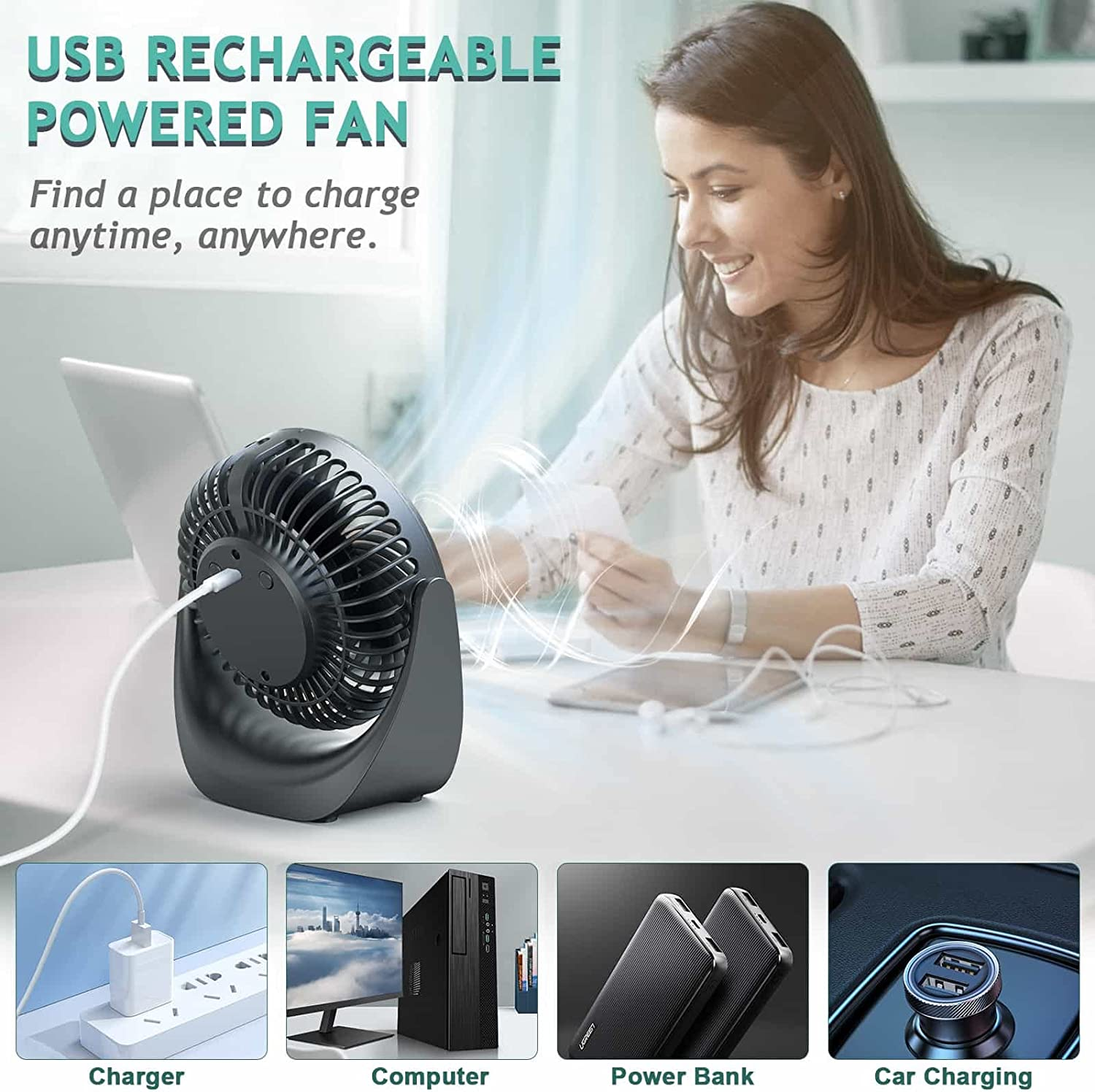 Desk Fan,Samll Personal Fan,Table Fan Rechargeable 4000Mah Battery,5 Speed Silent Bed Fans with 360&deg;Rotatable Strong Airflow,Portable Cooling Fan for Desktop Office Home Bedroom image number 1