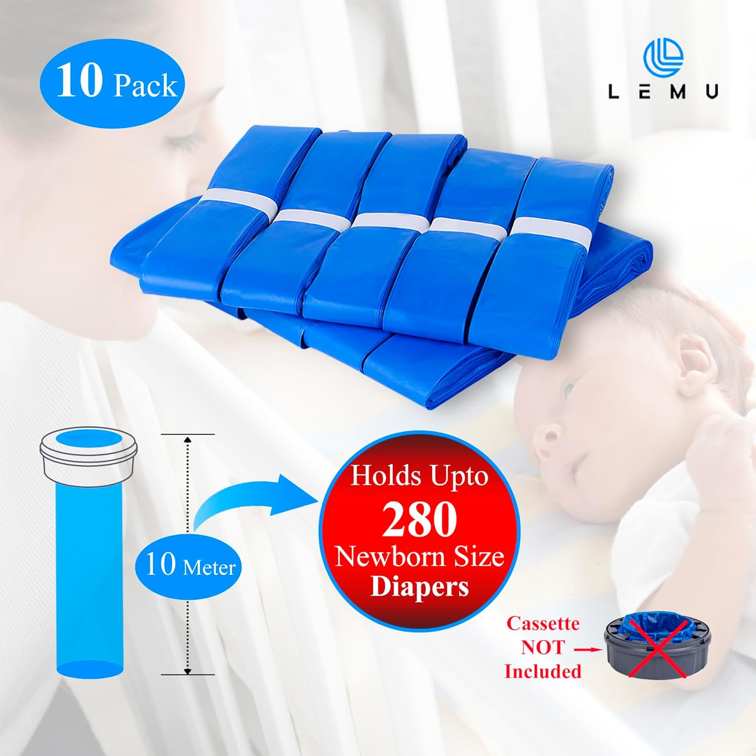 LEMU 10-Pack (10 Meters) Nappy Bin Refill Bags - Compatible with Tommee Tippee Twist & Click - 7 Layer Anti-Bacterial Odor Protection - Eco-Friendly - Cassette Not Included