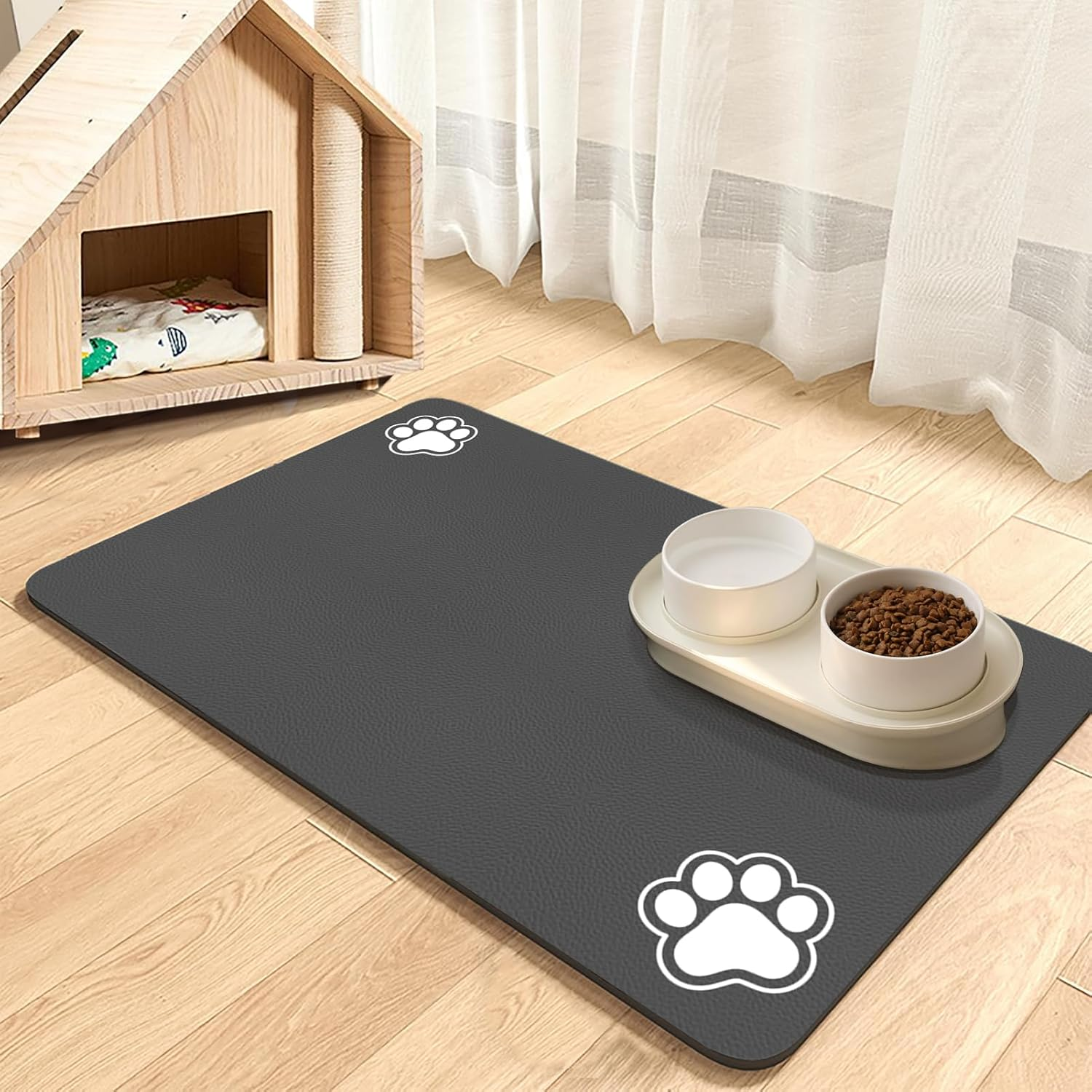 Pet Food Mat, Absorbent Dog Mat for Food and Water, Pet Placemats for Cat and Dog Water Bowl, Non-Slip Dog Food Mat, Dog Feeding Mat to Protect Your Floors (Dark Grey-2 Paws, 44.5 X 71 Cm)