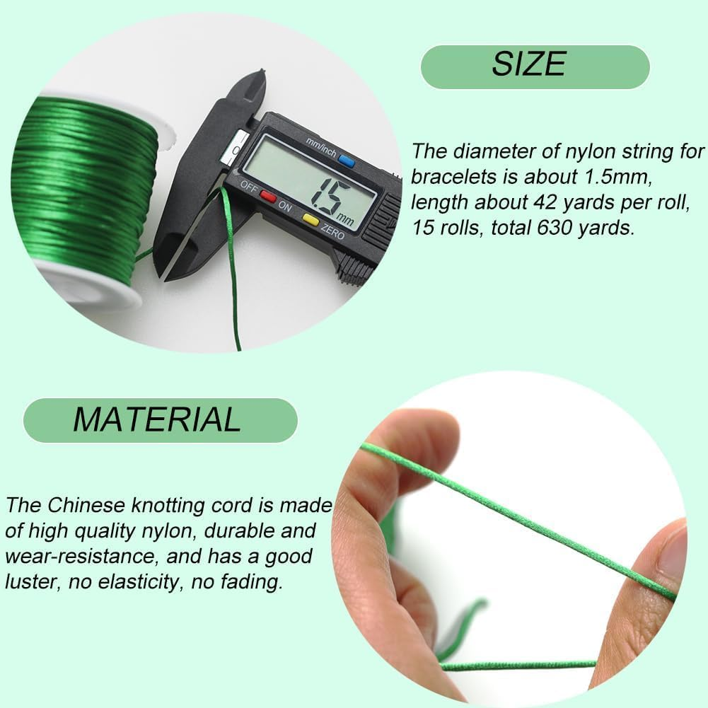 1.5Mm Nylon String for Bracelets, Betterjonny 15 Rolls 630Yards Satin Rattail Silk Chinese Knotting Cord Silky Nylon Beading String Thread for Kumihimo Macrame Jewelry Making Friendship Bracelets image number 1