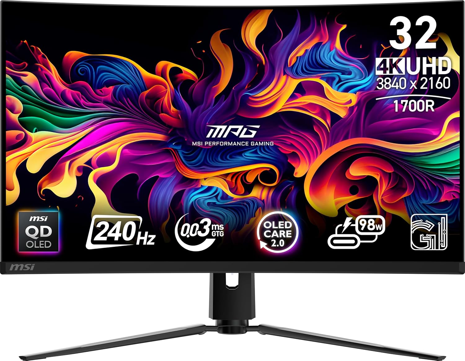 MSI MPG 321CURX QD-OLED 32 Inch UHD Curved Gaming Monitor - 1700R, 3840 X 2160 Quantum Dot OLED Panel, 240Hz / 0.03Ms, 99% DCI-P3, &Delta;E&le;2, Displayhdr True Black 400, DP 1.4A, HDMI 2.1, USB Type-C image number 3