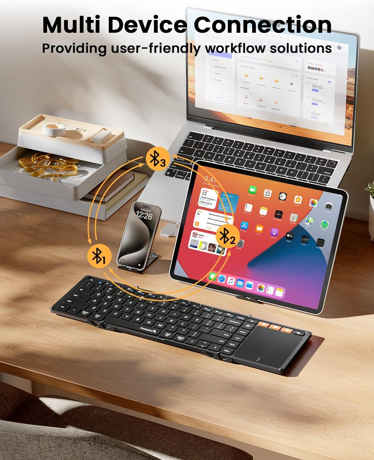 Protoarc Foldable Keyboard with Touchpad, XK01 TP Folding Portable Keyboard, Full Size Keys, Large Trackpad Bluetooth Travel Keyboards for Ipad Laptop PC Tablets -Black image number 2