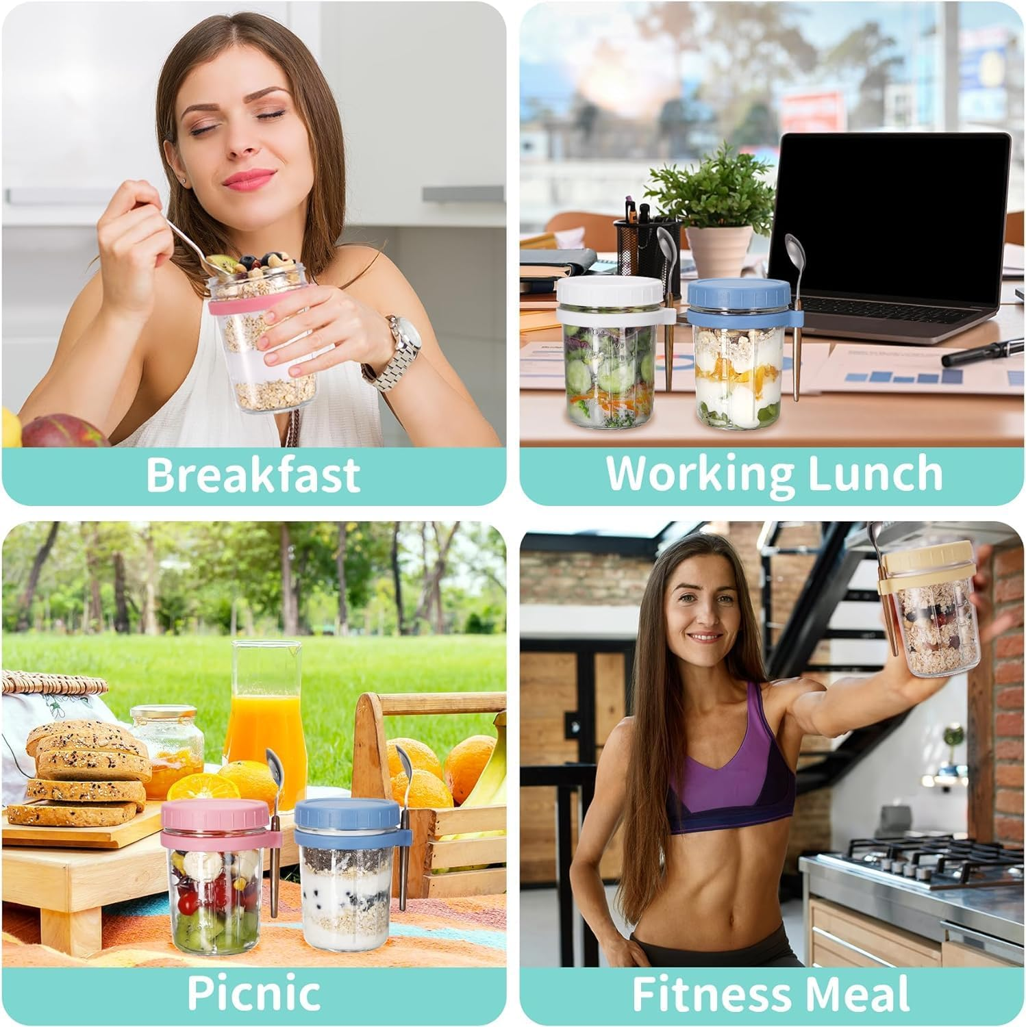 Overnight Oats Container Jars, 12 Oz Glass Airtight Yogurt Oatmeal Jars Set of 6, Overnight Oats Containers with Lids and Spoons, Large Capacity Portable Breakfast Jars Set with Measurement Marks image number 5