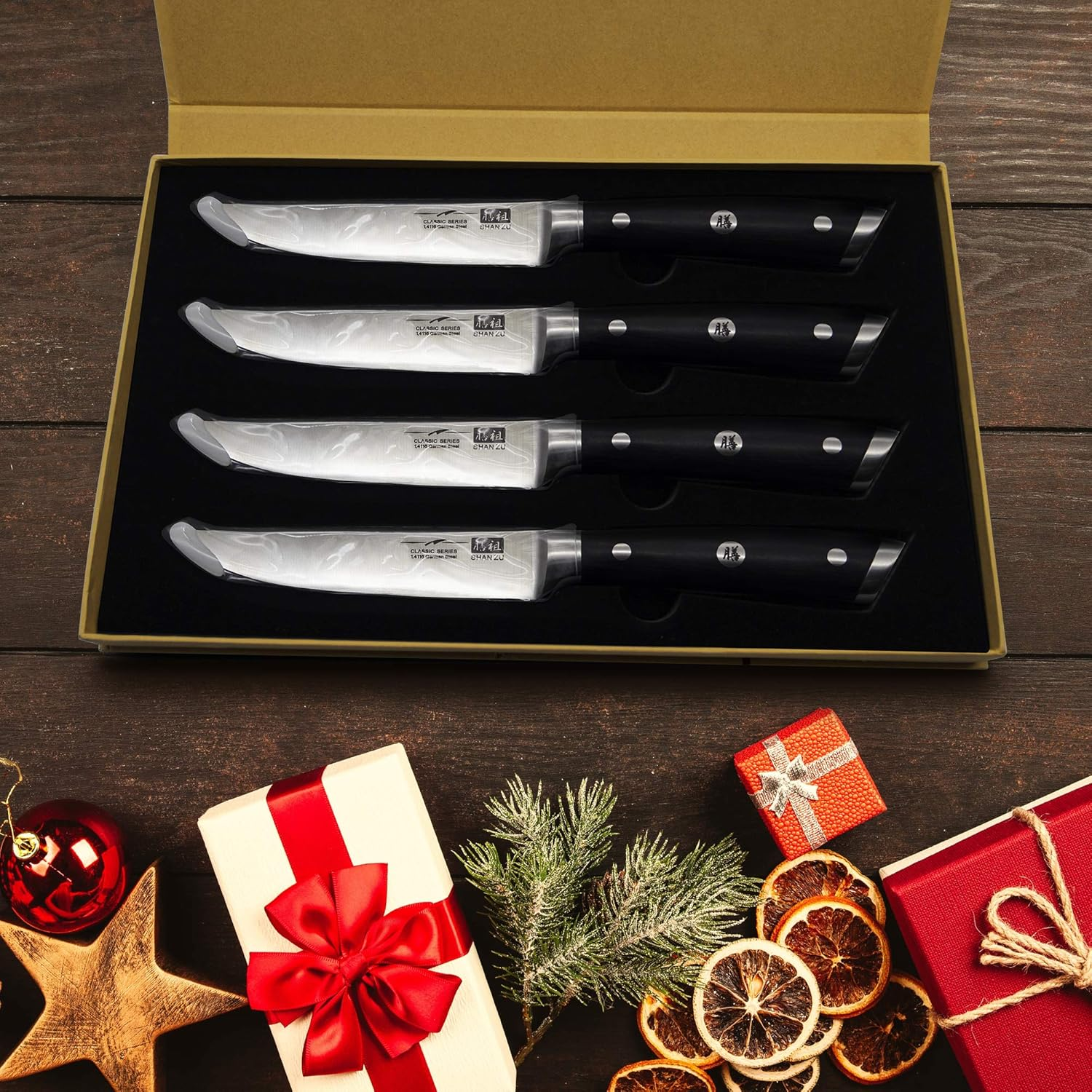 SHAN ZU Kitchen Steak Knives Set of 4, High Carbon German Stainless Steel Knives with 15&deg; Double Sided Edge & Ergonomic Pakkawood Handle image number 5