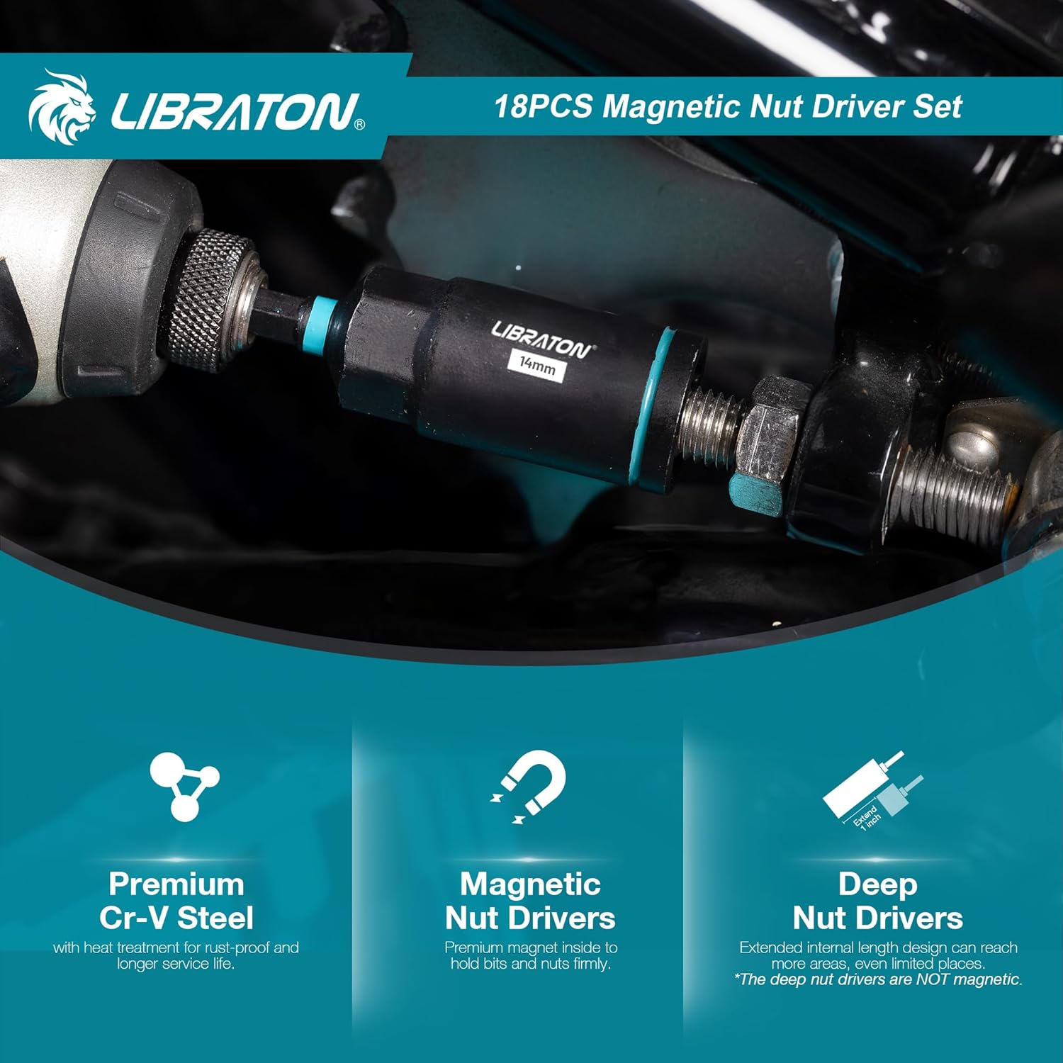 LIBRATON Magnetic Nut Driver Set, 18Pcs Impact Driver Bit Set, Deep Nut Drivers Set, Metric Nut Driver for Impact Drill, 5-14 MM Nut Drivers and 6-17 MM Nut Deep Drivers, Bit Holder, for Car Repairs image number 2