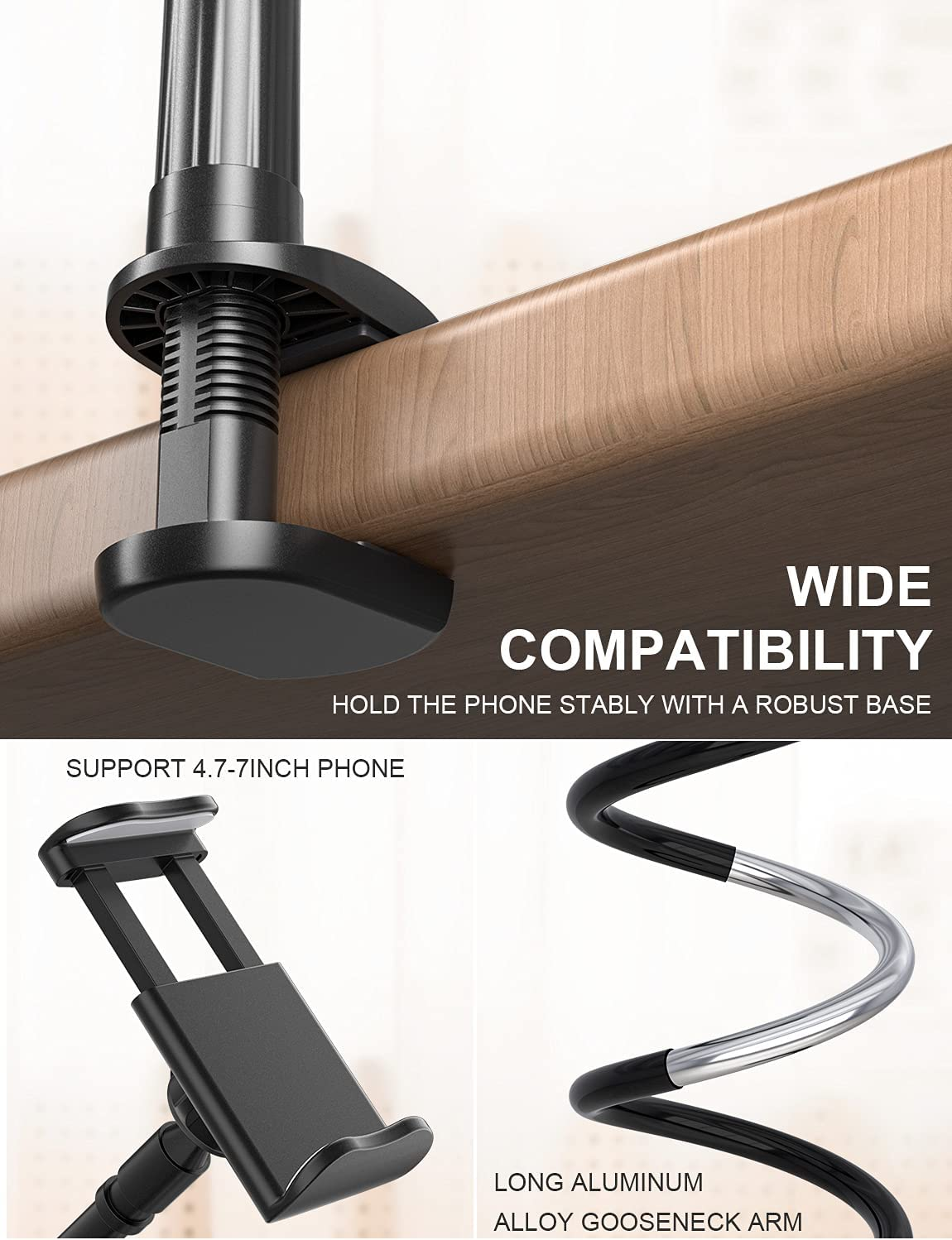 Phone Holder Bed Gooseneck Mount - FUKIFA Cell Phone Clamp Clip for Desk, Flexible Lazy Long Arm Headboard Bedside, Overhead Mobile Stand, Compatible with Iphone 15 14 Pro Max 13 12 Mini 11 8 Plus image number 1