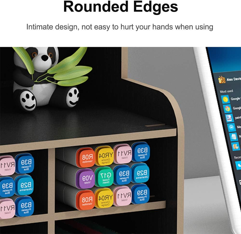 Wooden Desk Organizer with Drawer, Large Capacity DIY Pen Holder Storage Box Desktop Stationary Storage Rack, Pen Organizer Caddies for Office, Home and School Supplies (B16-Black)