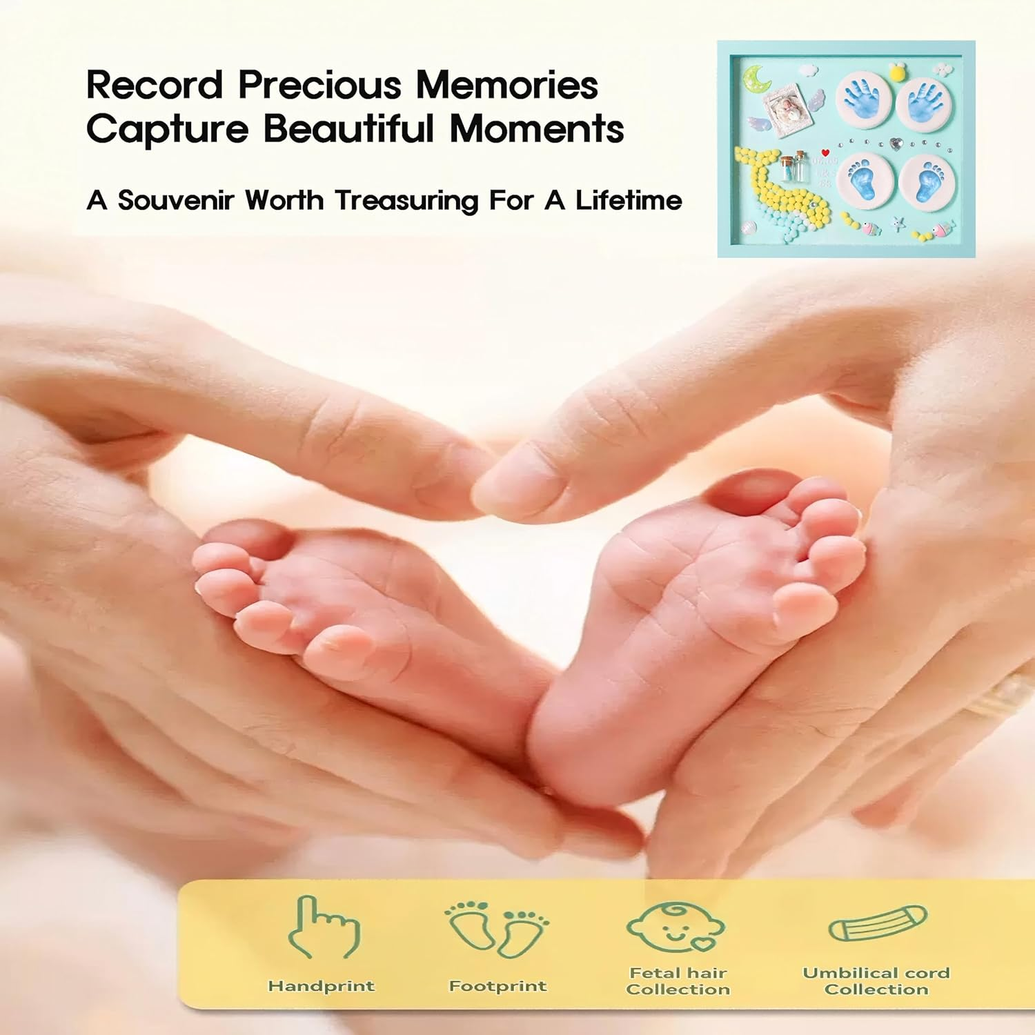 Blue Green Footprint and Handprint Personalized Picture Frame, All-In-One Boys Baby Shower Decorations for New Moms Gift, Set-With Hand and Foot Clay Mold and Casting Kit for Baby Registry Items, Newborn Essential Keepsake with Nursery Photo Frame