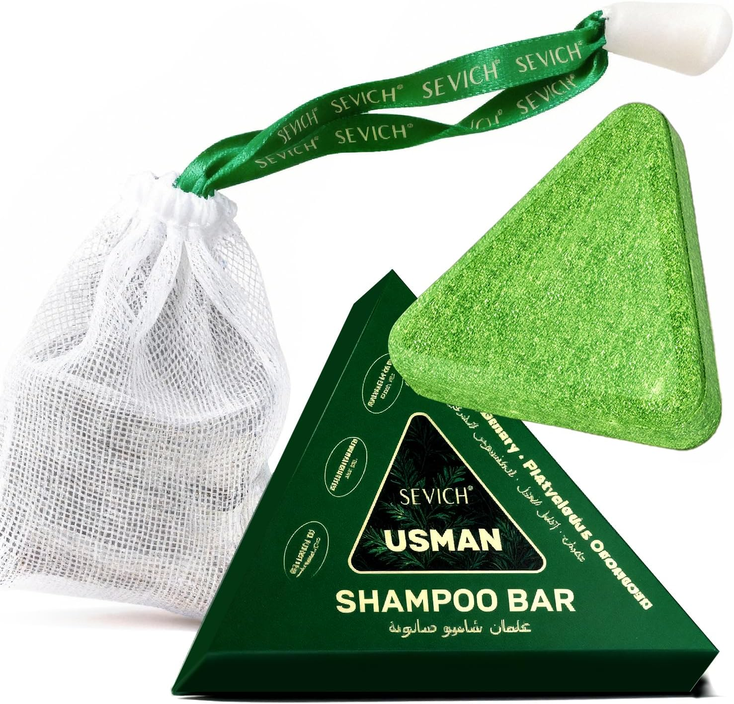 SEVICH Usman Grass Shampoo Bar with Foaming Nets,Nature Triangle Shampoo Bar,3-In-1 Plant Oil Concentrate for Hair Strengthening,For All Hair Types,Travel Size,120G image number 1