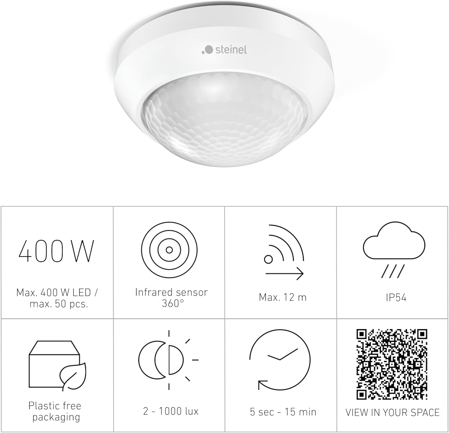 Steinel Motion Detector Is 360-3 White, 2000 W Capacity, 360&deg; PIR Sensor, 12 M Range, LED Suitable, Ceiling Mounting - White image number 5