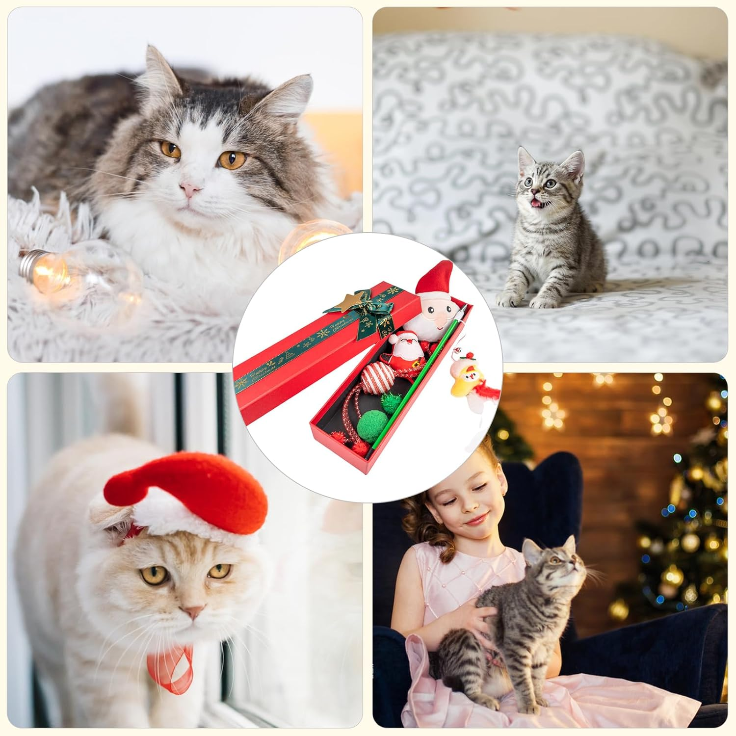 6Pcs Christmas Cat Toys Set, Interactive Toy for Cats with Gift Box Christmas Cat Plush Toy with Bells, Cat Teaser Wand, Santa Christmas Kitten Toys Indoor Cat Ball Toys Christmas Toy Gifts for Kitten image number 1