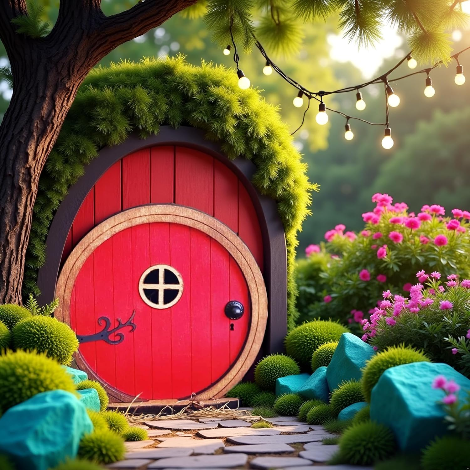 Red Fairy Garden Door for Tree, Fairy Doors for Trees Outdoor & Tree Trunk, Mini Fairy Garden Sculpture Lawn Ornament Decor, Fairytale Tiny House Doors Mini Gift, Fairytales Door Decoration image number 5