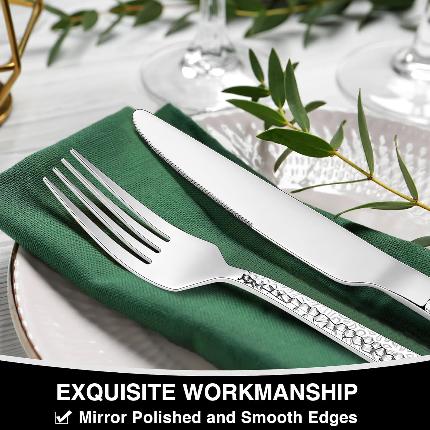 Hammered Silverware Set, 40-Piece Stainless Steel Square Flatware Set for 8, Food-Grade Tableware Cutlery Set, Utensil Sets for Home Restaurant, Mirror Finish, Dishwasher Safe image number 3