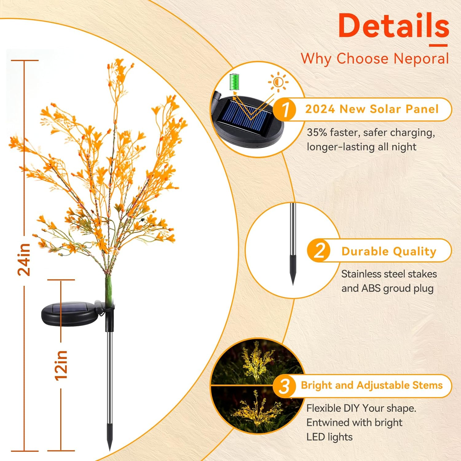 Neporal Solar Garden Lights Outdoor Decorative, Solar Flowers Lights Dusk to Dawn, Solar Garden Stake Lights Waterproof IP65, Solar Powered Flower Lights - Gardening Gifts for Women - Golden image number 2