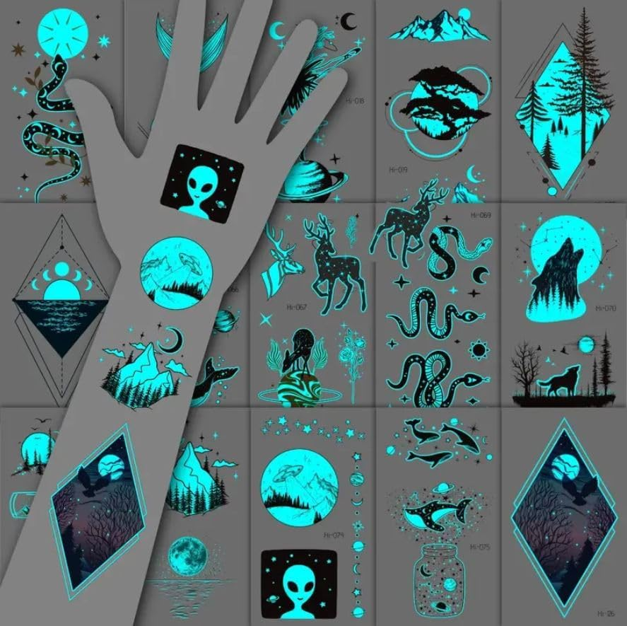 12 Sheets Glow in the Dark Tattoo Sticker Waterproof - Temporary Tattoos - Animal Cat Elephant Penguin Whale Minimalist Designs - Makeup Body Art Tattoo Sticker Pack for Adults Kids - 10.5X6Cm - Steadyink&reg; image number 6
