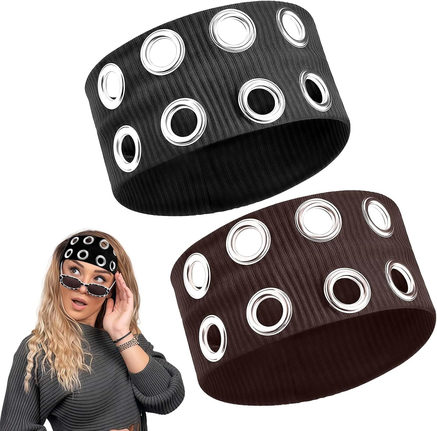 LUMOOM Pack of 2 Elastic Headband for Women, Y2K Girls Punk Grunge Wide Hair Bands with Eyelets, Stretchy Casual Hair Accessory for Training and Yoga image number 2