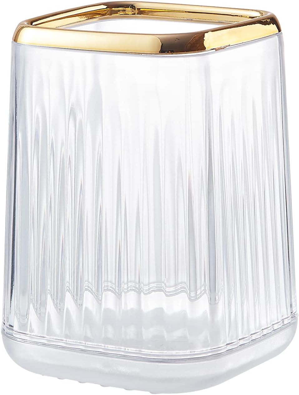 DASITON Makeup Brush Holder Organizer,Plastic Square Cosmetic Brush Storage Holder,Vintage Stripe Makeup Brush Cup Pen Pencil Holder(Amber)