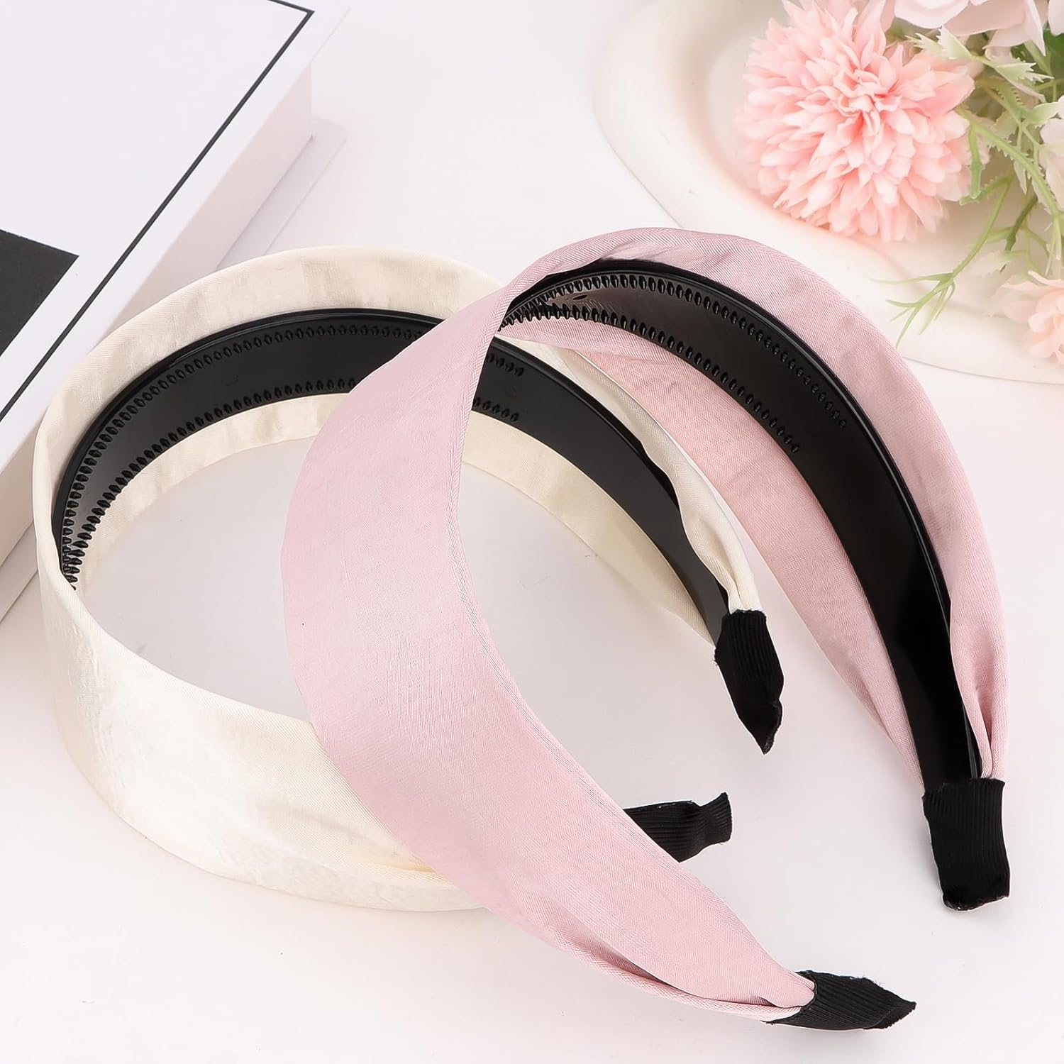 Pruadeor Pack of 2 Satin Wide Headbands, Women'S Fashionable Knot Headband for Women, Hair Accessories, Pink/White image number 4