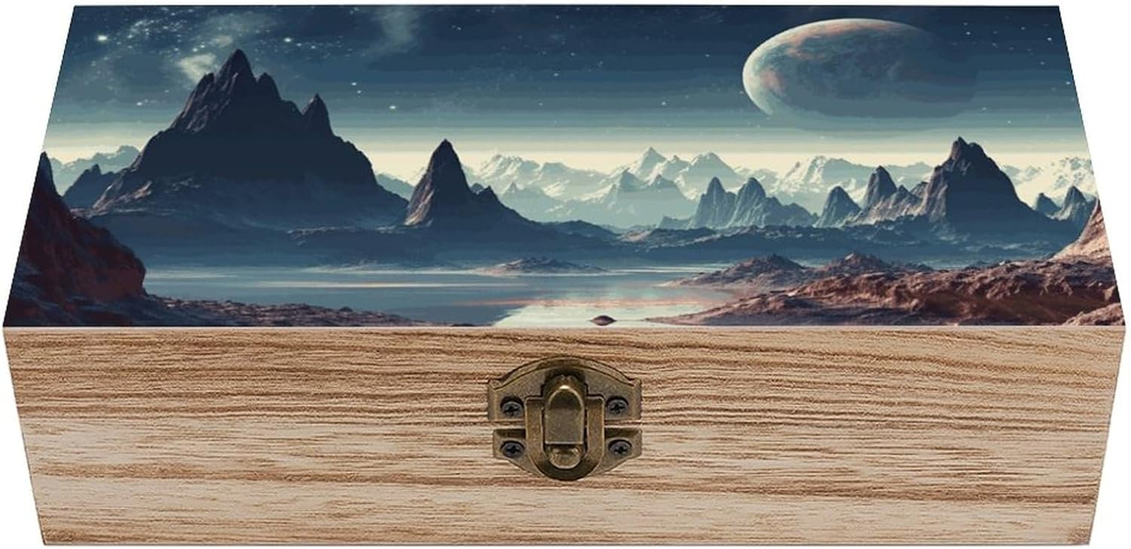 Alien Planet Wooden Box Wood Wedding Keepsake Boxes with Lids Small Decorative Boxes Lightweight Wooden Memory Storage Box for Crafts Keepsakes Jewelry Photo Letter Storage image number 1